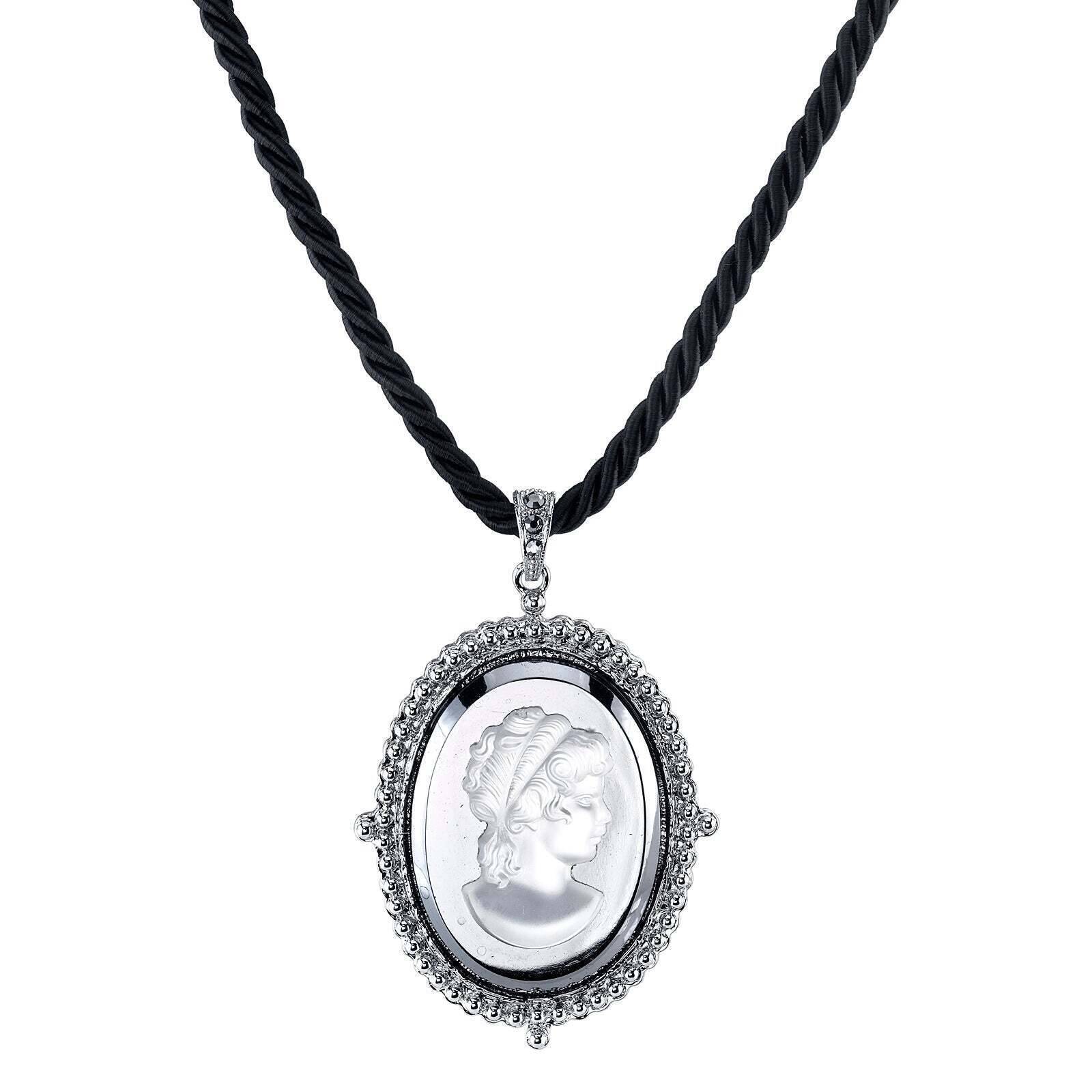 Vintage 1928 Hematite Frost Cameo Pendant Necklace - Black Rayon Twisted Cord with 16
