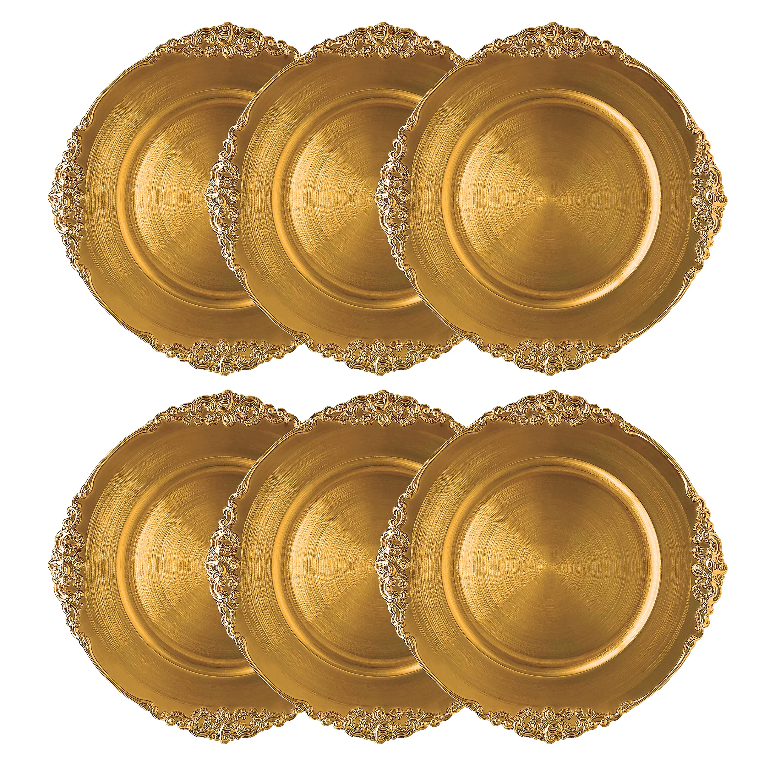 Henilosson 6-Piece Antique Gold Charger Plates Set - Elegant Decorative Dinner Plate Chargers for Weddings, Parties & Formal Dining - 12-Inch Round Gold Charger Plates