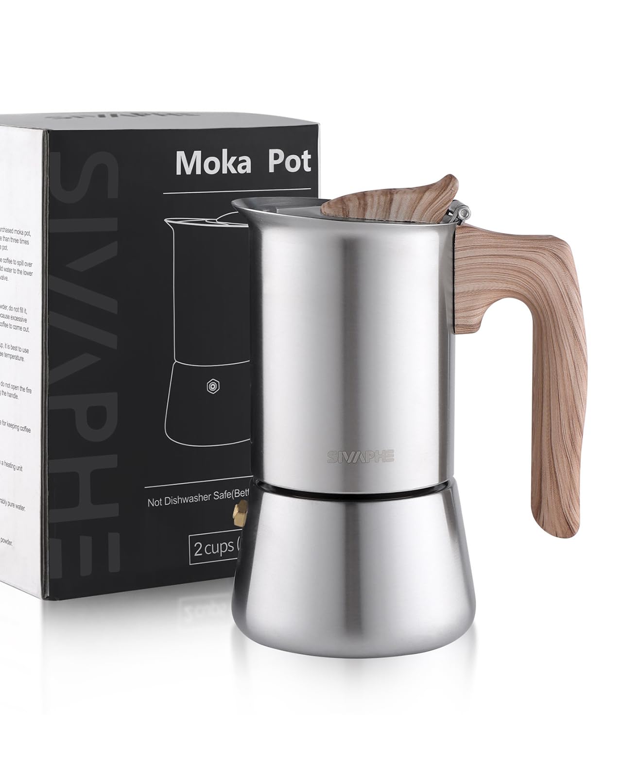 Sivaphe 3.5 oz Stovetop Espresso Maker - Stainless Steel Moka Pot for Induction Cooktops, 1-2 Cup Italian Coffee Maker (100ml) with Step-by-Step Guide - Perfect for Home, Office, Camping & Travel Use (1 Cup=50ml)