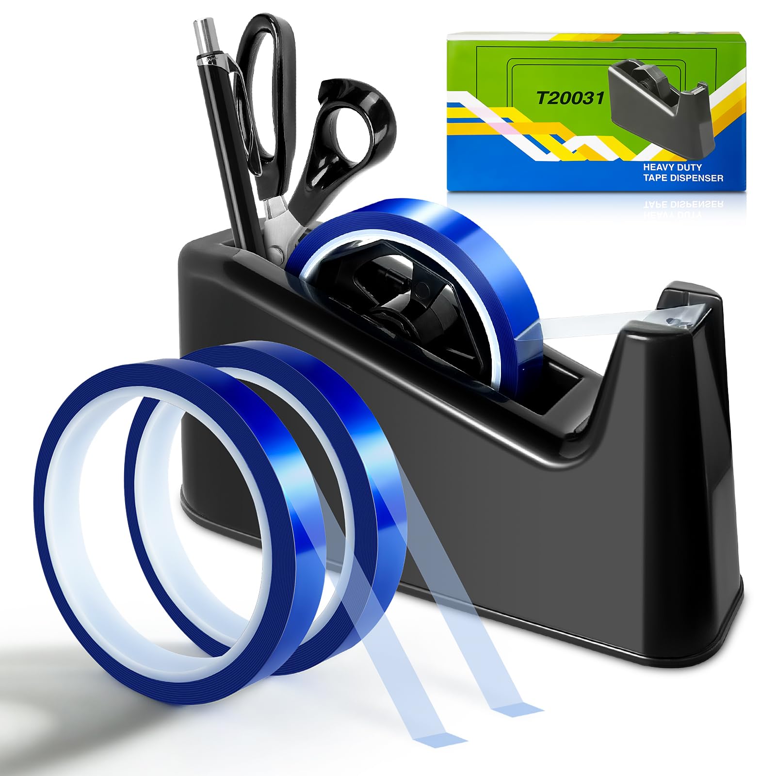 Heavy Duty Large Heat Tape Dispenser with Cutter - 10mm x 33M Transparent Blue Heat Transfer Tape for Sublimation (3-Pack) - Perfect for T-Shirt Printing, DIY Crafts & Heat Press Projects
