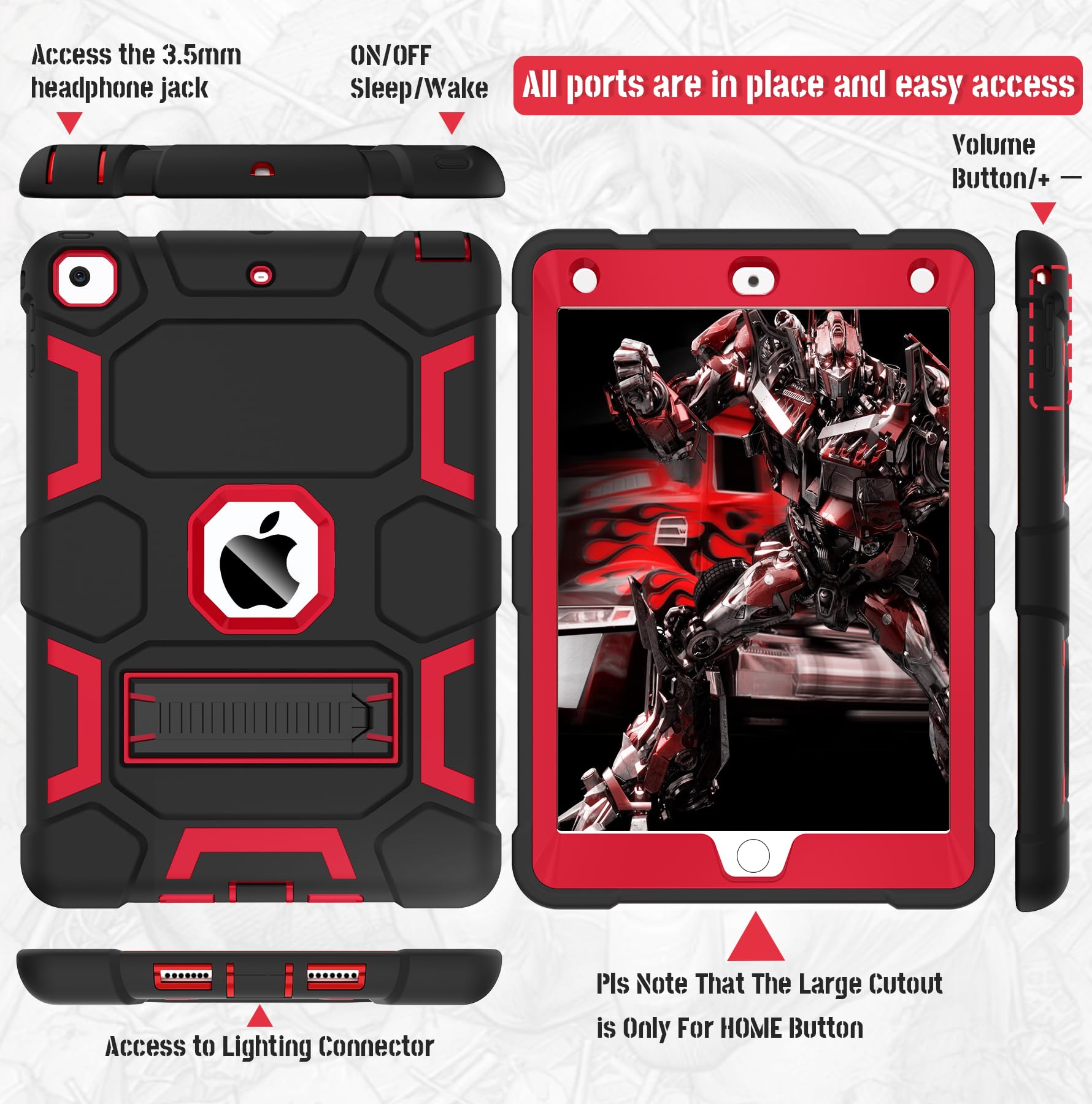 Shockproof iPad 9.7 Case with Kickstand - Compatible with iPad 6th/5th Gen (2018/2017), iPad Air 2 (2014) | Hybrid Protective Cover for Kids & Boys (Black+Red) | Perfect for School, Travel & Daily Use