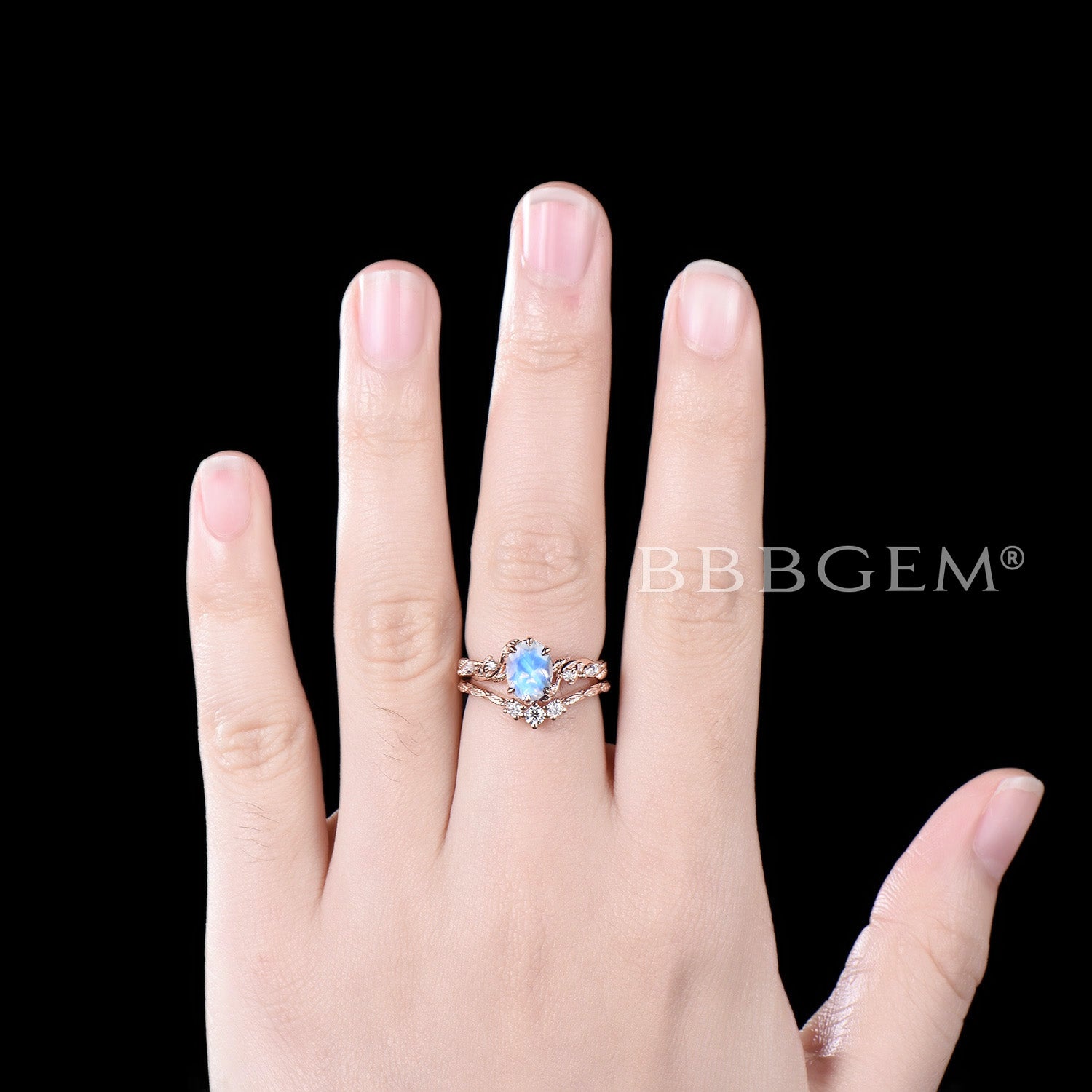 Oval Cut Moonstone Engagement Ring in Rose Gold with Leaf Diamond Accents - Perfect for Bridal Sets, Wedding Bands & Romantic Proposals