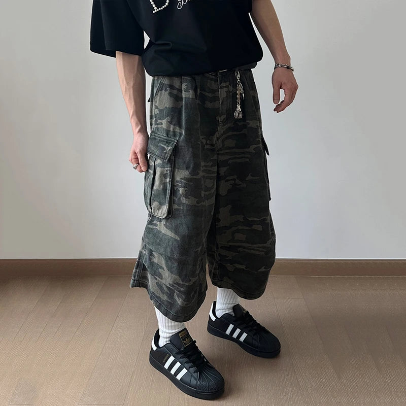 Men's American Style Denim Shorts with Large Pockets - Camouflage Workwear Trousers, Straight Leg Casual Jeans for Men (9C6708) | Perfect for Outdoor Work, Hiking & Summer Streetwear