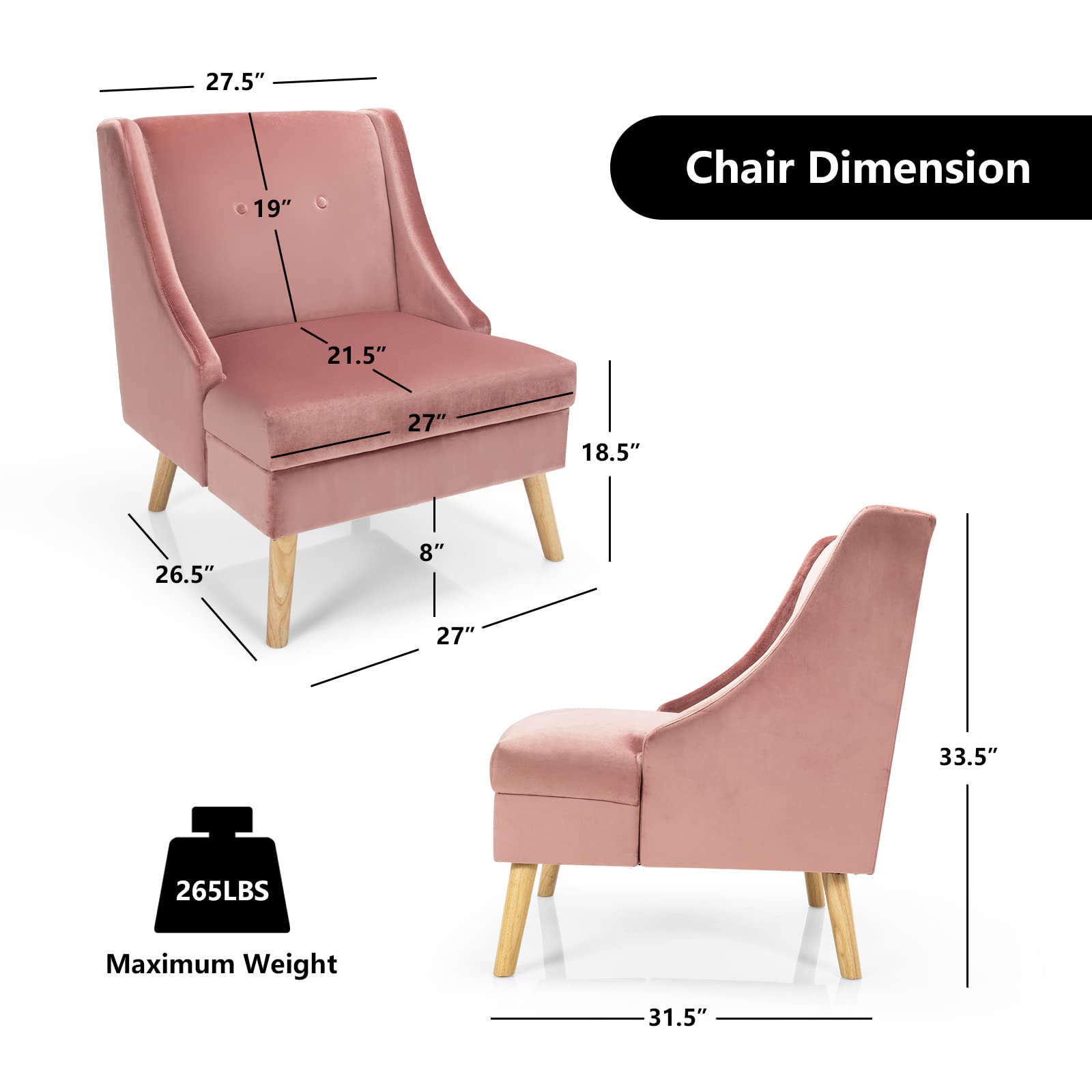 Velvet Accent Chairs Set of 2 - Upholstered Armchairs with Rubber Wood Legs, Button Tufted Club Chairs for Living Room, Bedroom, Reading Nook - Soft Pink Velvet Sofa Chairs for Home Decor & Relaxation