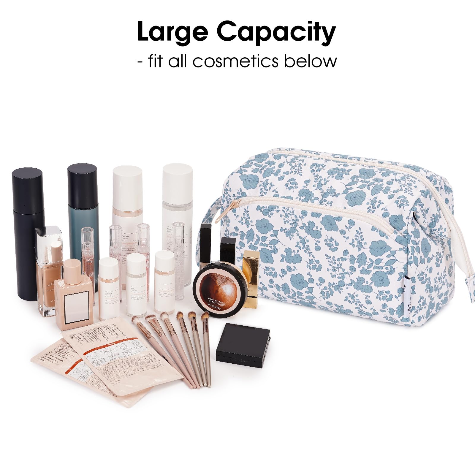 Narwey Floral Makeup Bag - Large Open Cosmetic Organizer for Travel, Toiletry Storage & Beauty Accessories (Little Blue Flower) - Perfect for Travel, Gym, Home & Daily Use