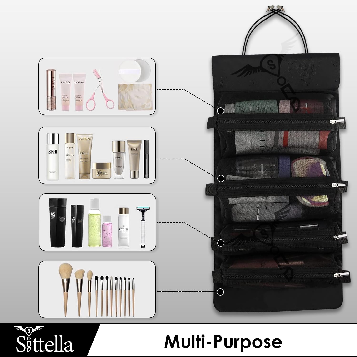 SITTELLA 4-in-1 Foldable Hanging Toiletry Bag for Women - Waterproof Travel Cosmetic Organizer with Multiple Compartments - Perfect for Bathroom, Camping & Airplane Carry On (Black)