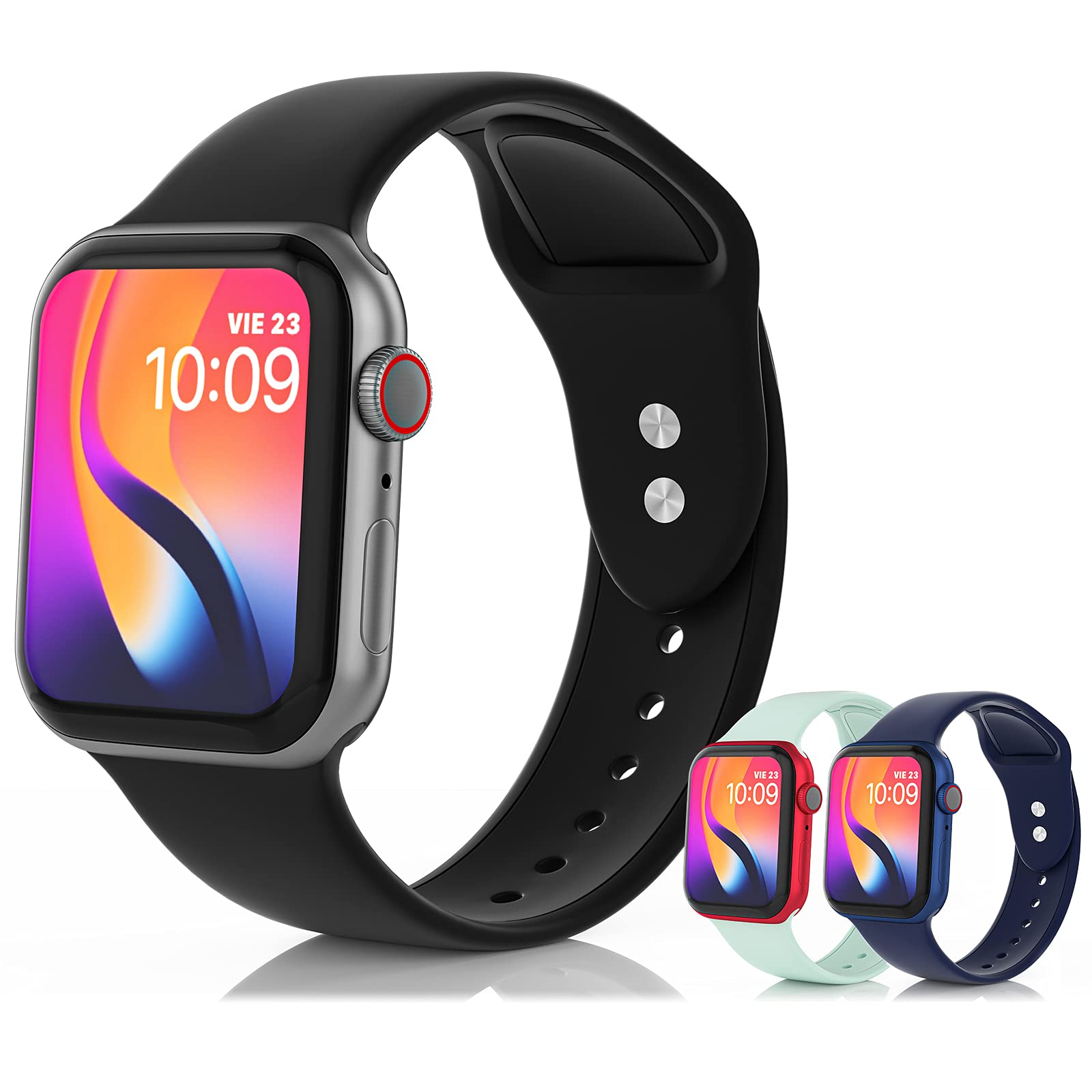3 Pack Soft & Breathable Silicone Sport Bands for Apple Watch 38mm/40mm/41mm/42mm/44mm/45mm - Compatible with iWatch Series 7/6/5/4/3/2/1/SE - Replacement Wristband with Metal Buckles for Women & Men - Perfect for Workouts, Running & Daily Wear