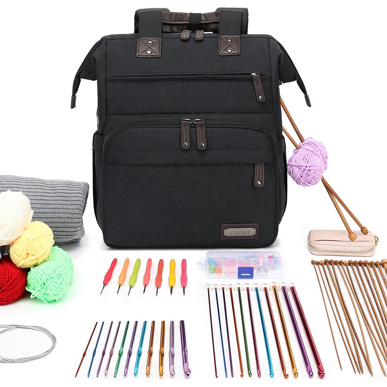 Crochet Backpack with USB Port - Yarn Storage Organizer for Travel & Knitting