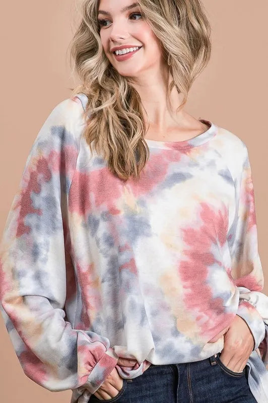 BiBi Tie Dye Print Terry Top With Puff Sleeves | Women's Fashion Casual Shirt | Perfect for Summer Outfits, Beach Wear & Music Festivals
