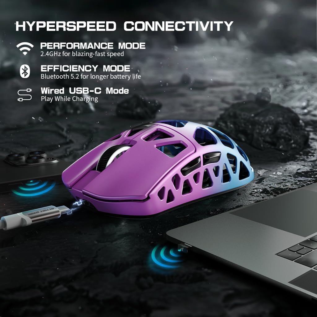 Attack Shark R3PRO 46g Ultra-Light Magnesium Alloy Gaming Mouse - 8000Hz Wireless, 26000DPI, 2.4G/BT/Wired, PixArt PAW3395 Sensor, Programmable Buttons with Coiled Cable - Perfect for FPS, MOBA & MMO Games on PC/Mac (Purple)