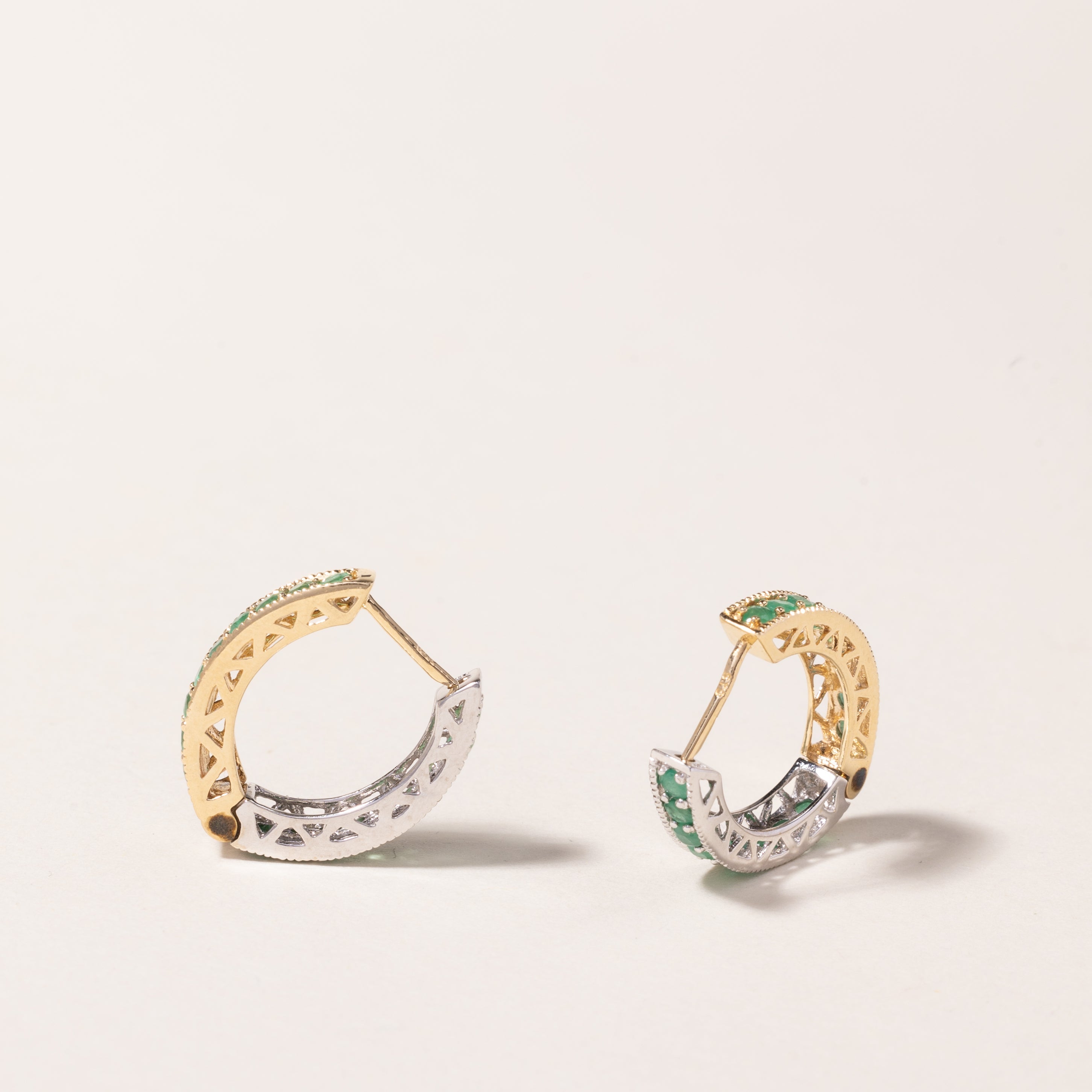 14K Two Tone Gold Emerald Hoop Earrings | 1.08ctw Genuine Emerald Gemstone Jewelry | Elegant Dangle Earrings for Women | Perfect for Weddings, Parties & Special Occasions