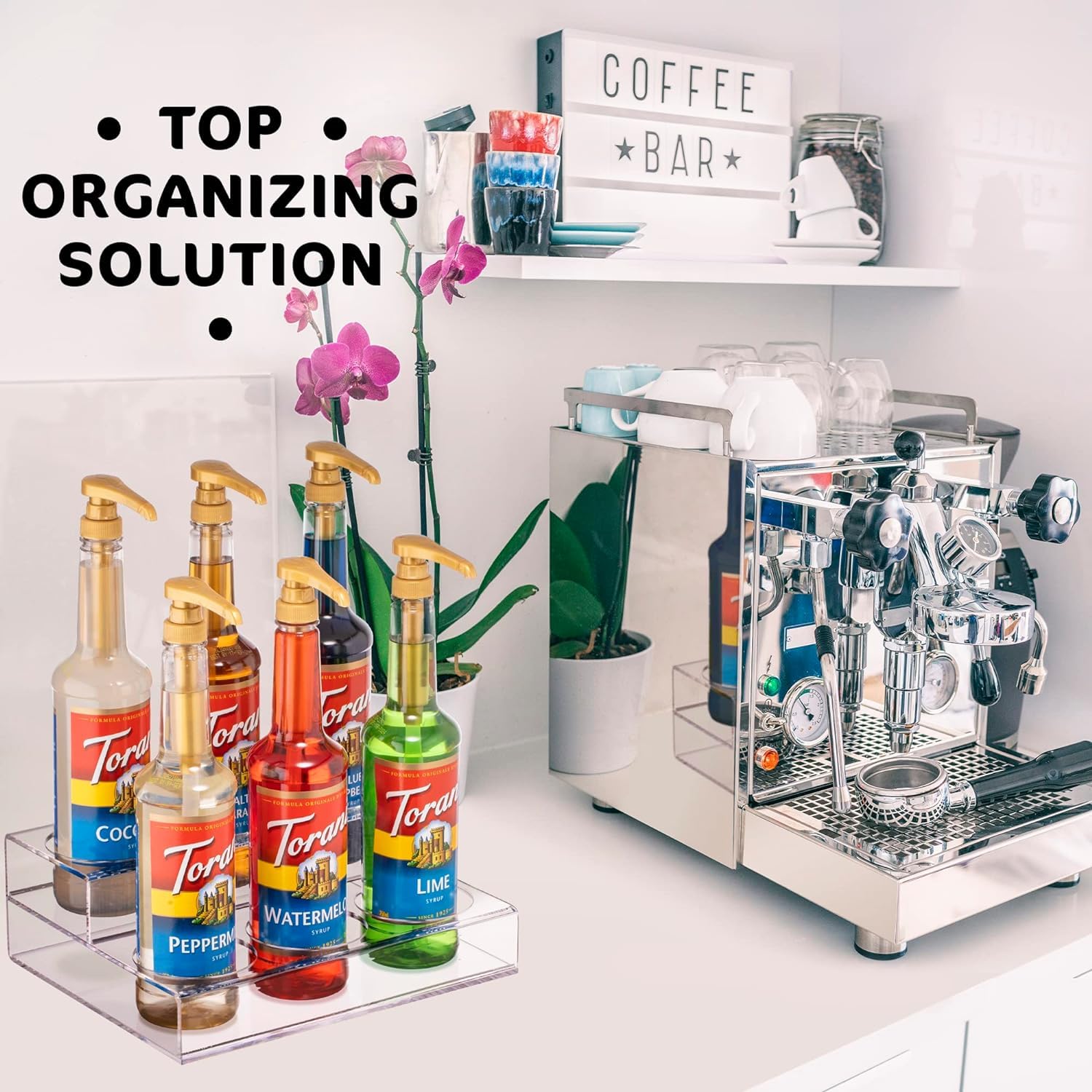 Torani Syrup Rack - 6-Bottle Coffee Syrup Organizer for Coffee Bars & Home Kitchens - Perfect for Espresso, Latte & Cocktail Making Accessories