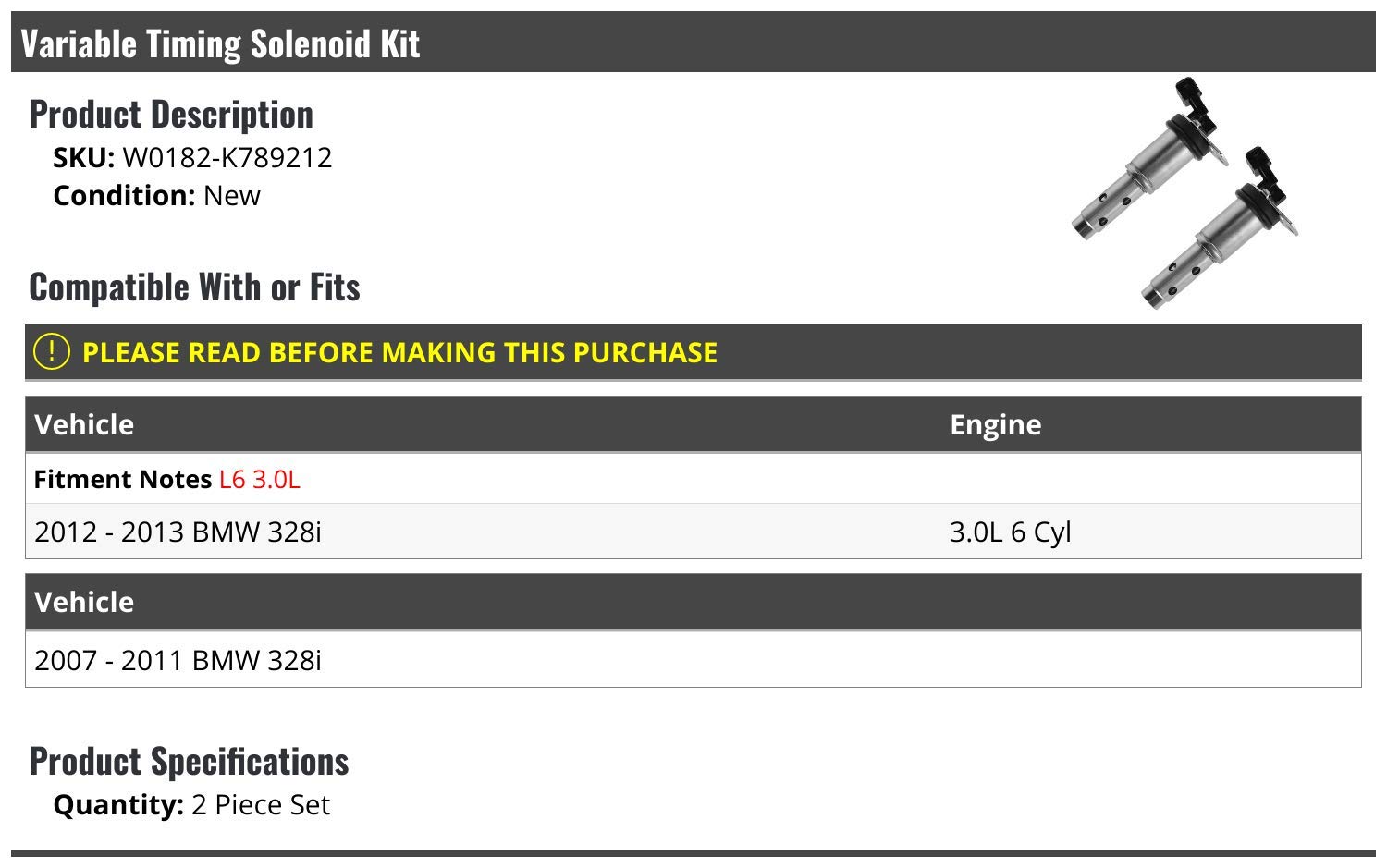 BMW 328i Variable Timing Solenoid Kit (2007-2013) - 2 Piece Replacement for 3.0L 6-Cylinder Engine - Fix Rough Idle & Improve Performance - Perfect for DIY Mechanics & Auto Repair Shops