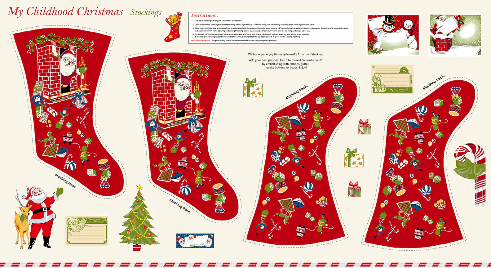 Buttermilk Basin Santa Claus Stocking Set Panel - Christmas Fabric for Holiday Decorations, DIY Crafts, and Festive Home Decor