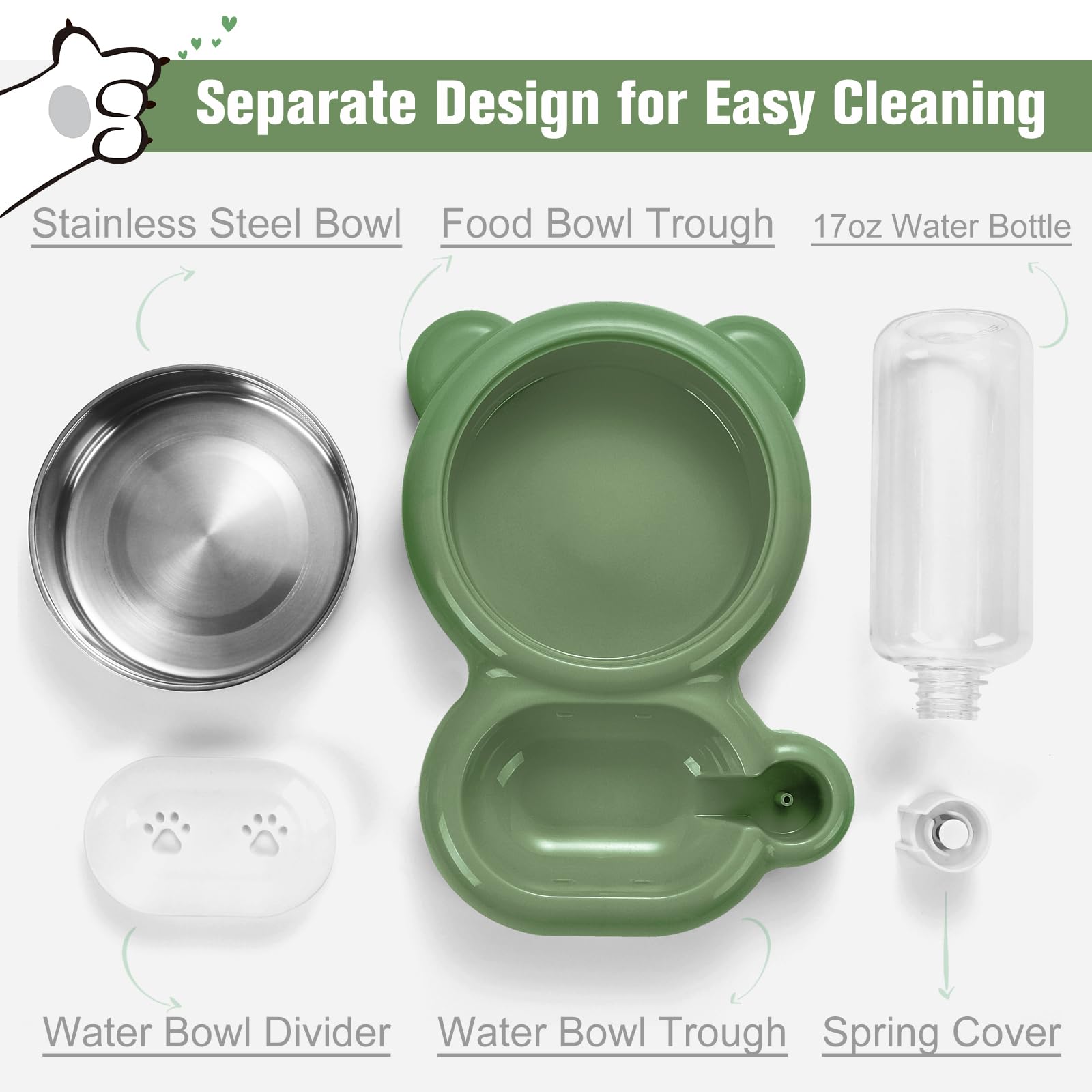 Stainless Steel Cat & Dog Bowls Set with Water Dispenser - Non-Slip Pet Food & Water Dishes for Small Dogs & Cats - Perfect for Home, Travel & Outdoor Use (Green)