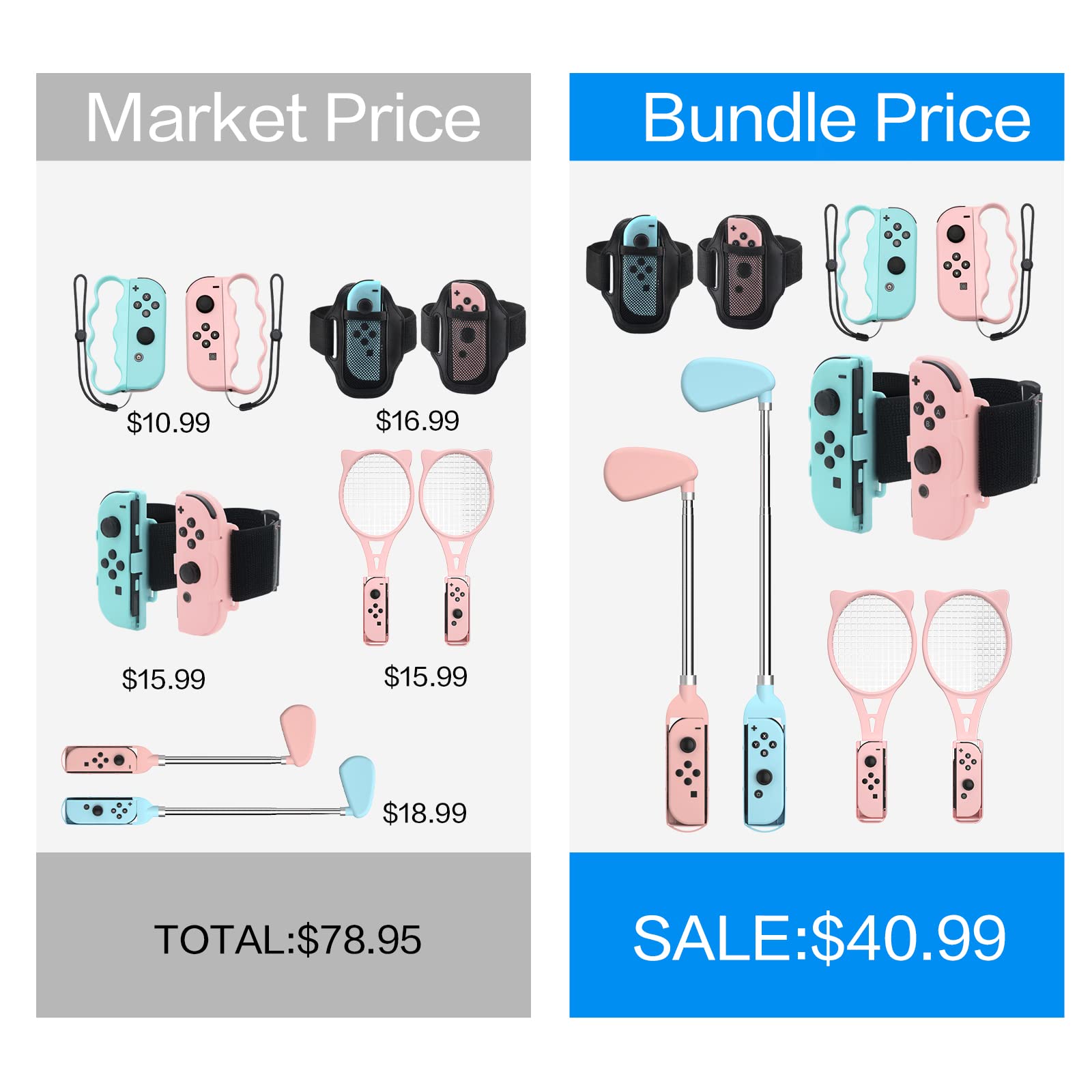 Nintendo Switch Sports Accessories Set - Leg Strap, Wrist Straps, Boxing Grips, Tennis Racket & Golf Club for Nintendo Switch (Pink/Blue) - Perfect for Fitness Gaming, VR Sports & Family Fun
