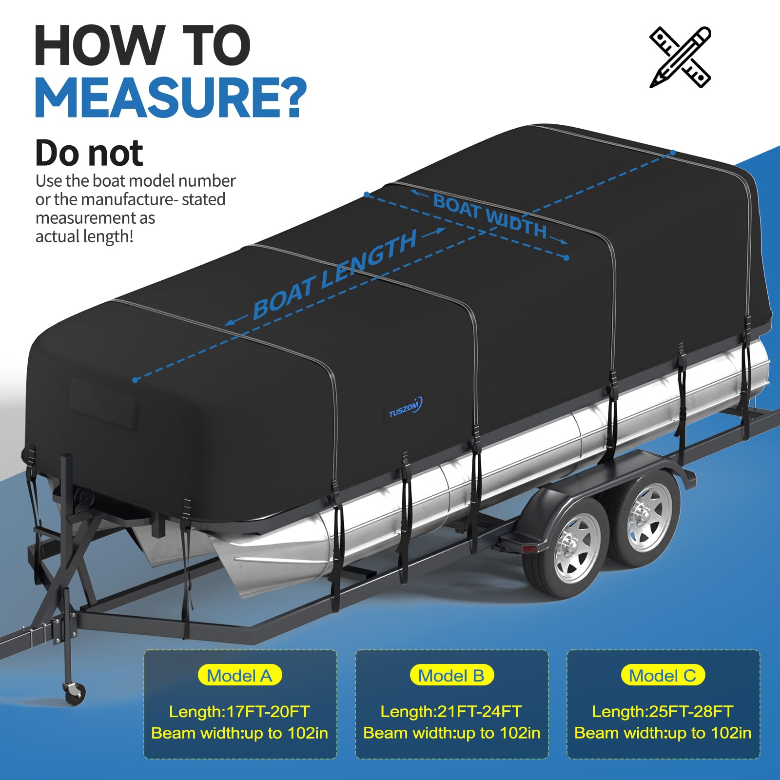 Tuszom True 900D Solution-Dyed Waterproof Boat Cover - Heavy Duty 21-24ft Trailerable & Mooring Pontoon Cover with 12+4 Windproof Straps & Motor Protection - Perfect for Outdoor Storage, Travel & Marine Use
