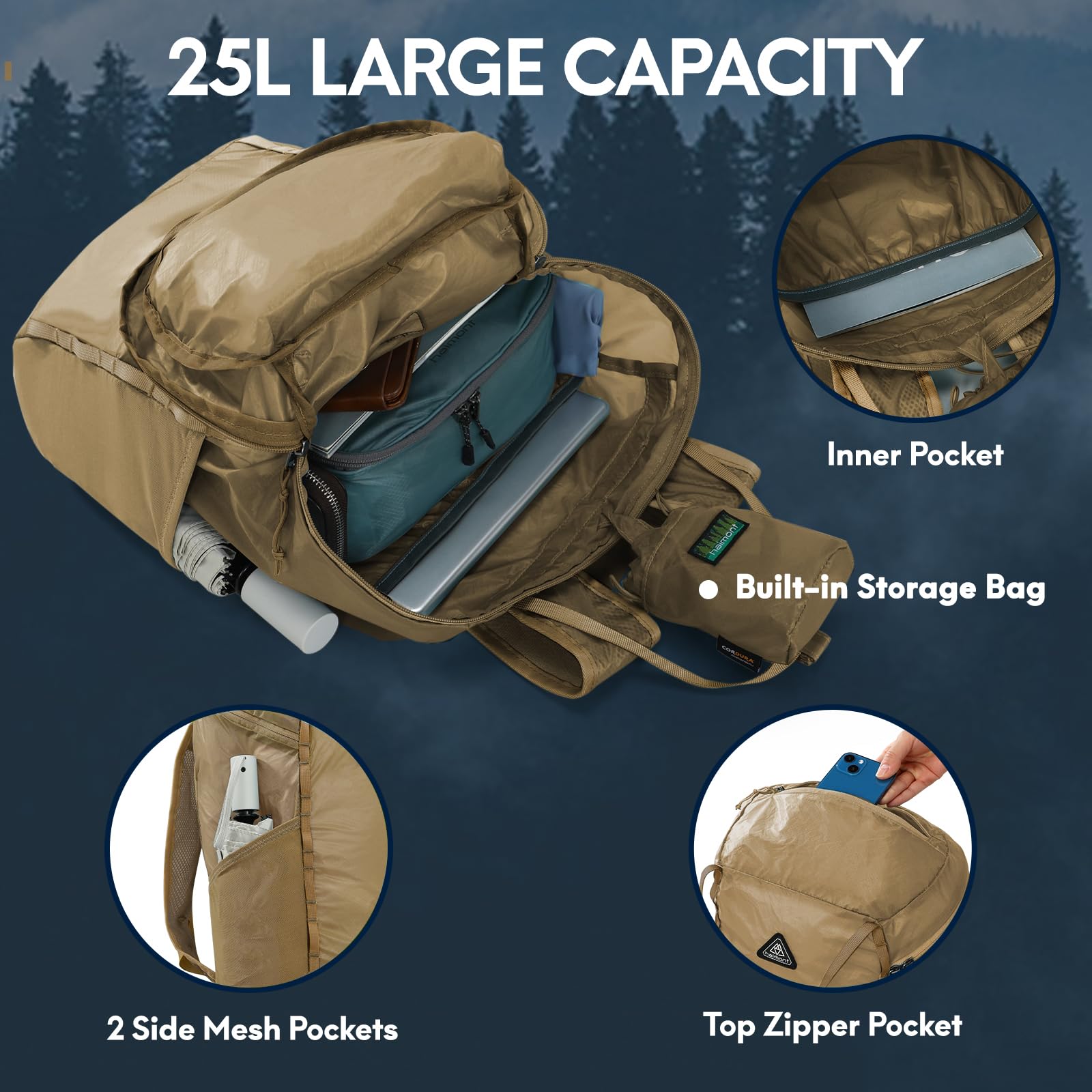 Ultralight Packable Backpack 25L - Foldable Hiking Daypack for Men & Women with Built-in Storage Bag - Perfect for Travel, Beach, Camping & Outdoor Adventures - Durable Brown Backpack for Hiking, Gym & Daily Use