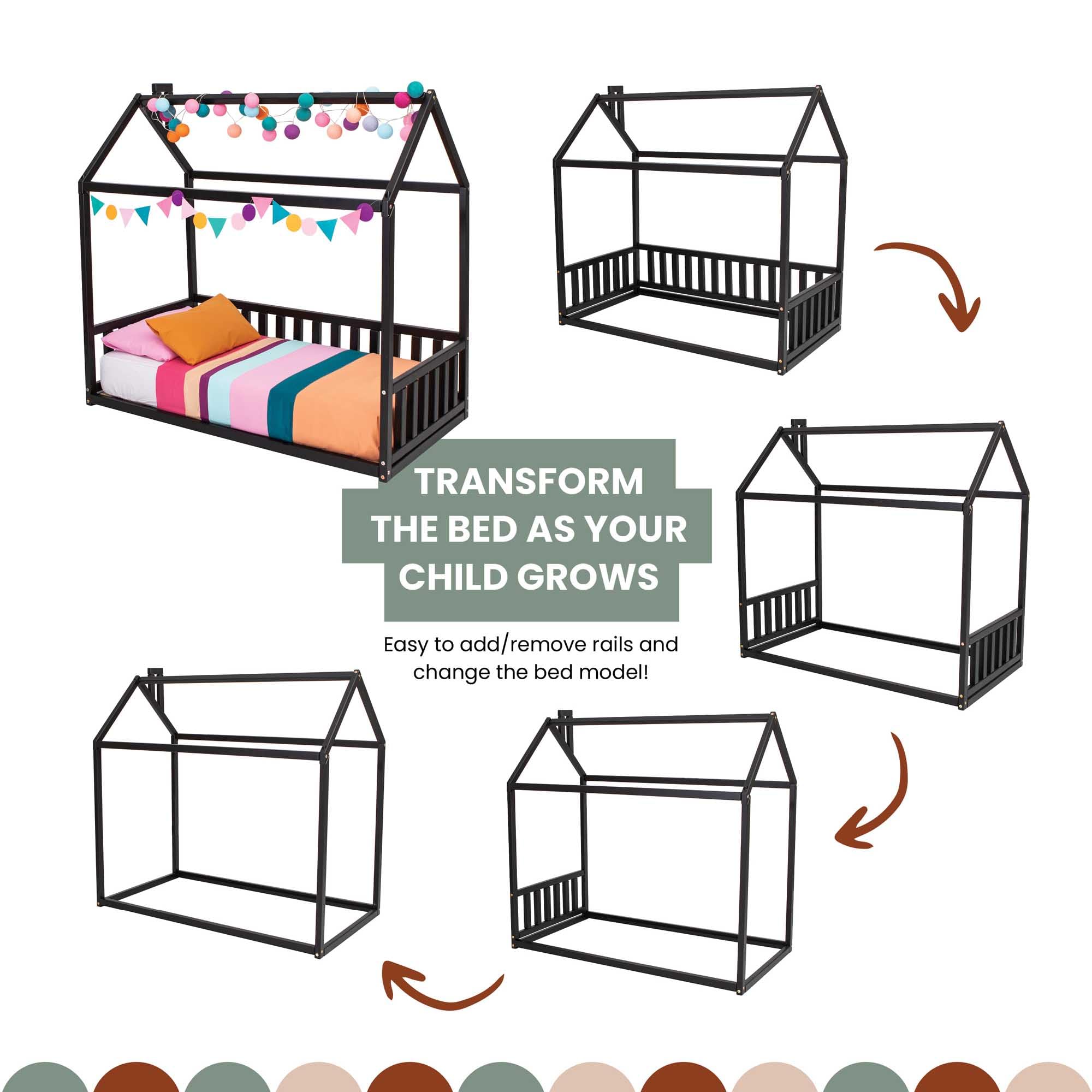 Montessori Kids House Bed with Rails - Safe Toddler Floor Bed for Playroom