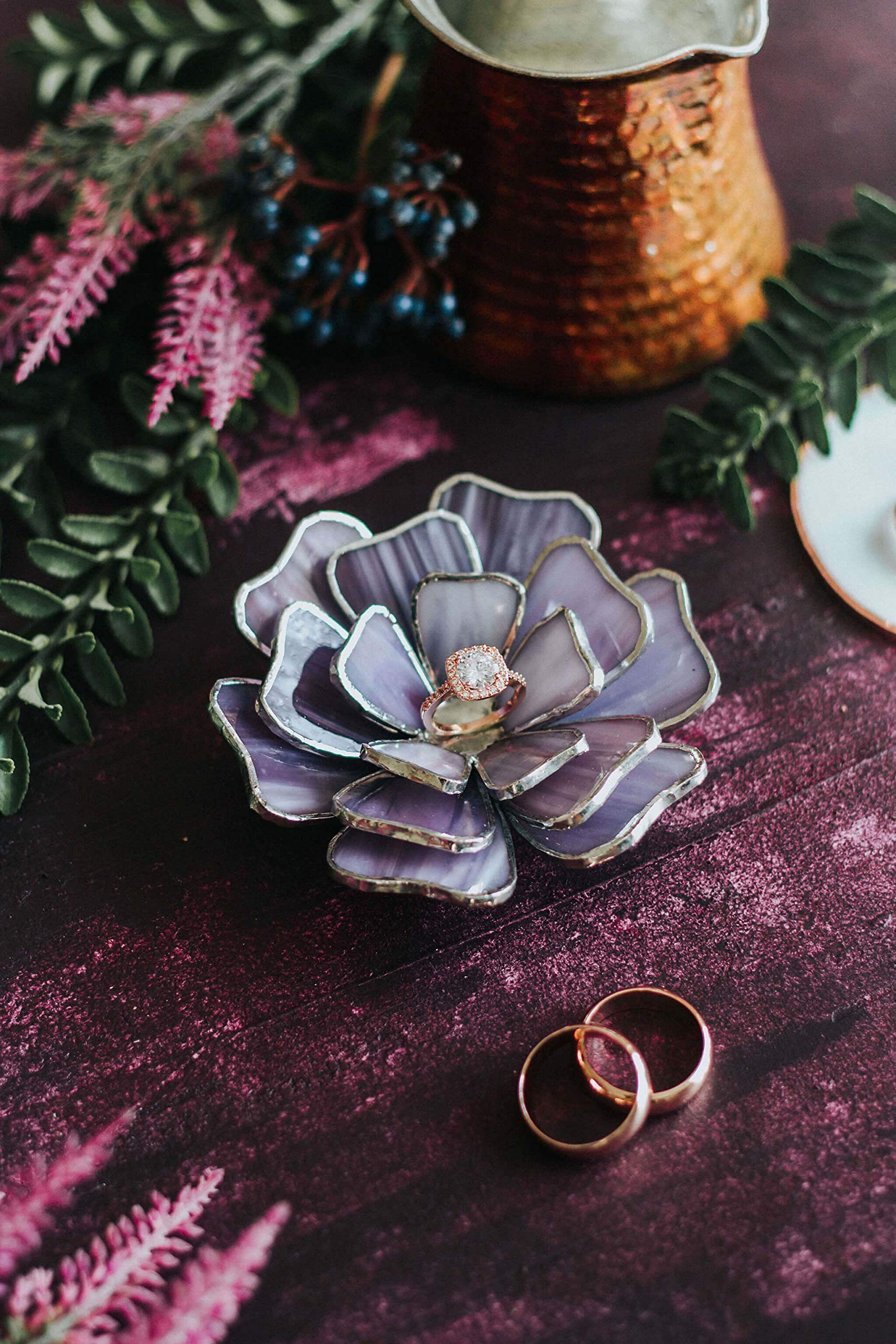 Opalescent Glass Ring Holder - Elegant Jewelry Dish & Flower Ring Tray for Engagement, Wedding, Anniversary - Perfect Valentine's Day Gift & Wedding Decor (Purple) | Ideal for Displaying Rings, Earrings, and Small Trinkets on Dresser, Vanity or Bridal Shower Decor