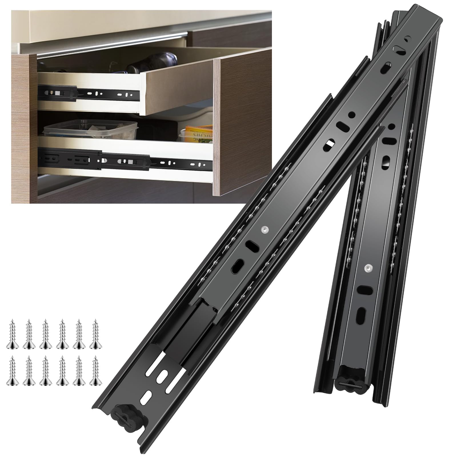 12 Inch Full Extension Ball Bearing Drawer Slides - 6 Pairs (12pcs) Heavy Duty Side Mount Drawer Rails for Kitchen Cabinets, Wardrobes, File Cabinets & Trash Cans - 100 LB Capacity Black Metal Glides - Perfect for Home Office & Storage Organization