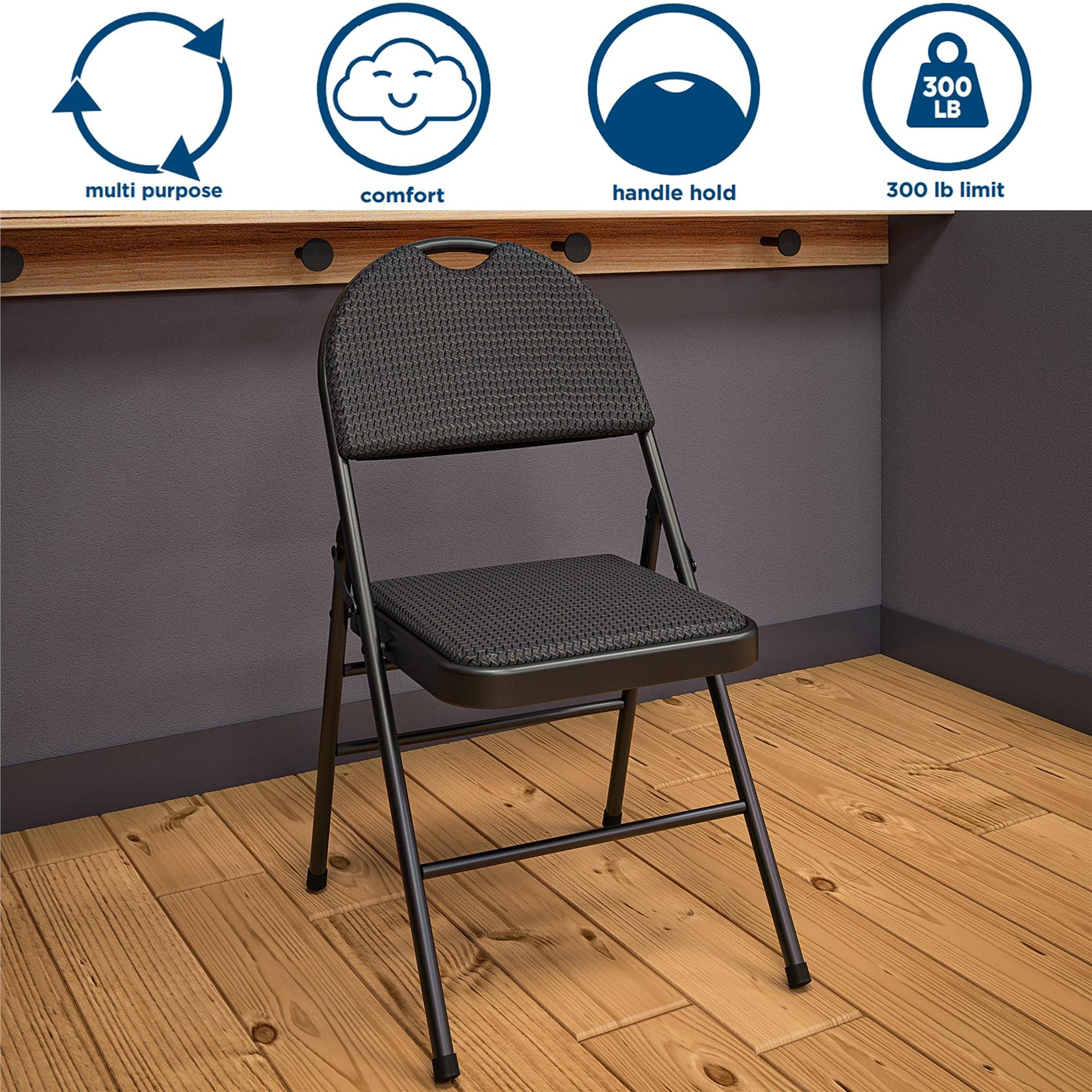 XL Comfort Fabric Padded Metal Folding Chair with Contoured Seat Back - 300 lb Capacity, Triple Braced, Black (Set of 4) - Perfect for Events, Parties, Banquets & Outdoor Gatherings