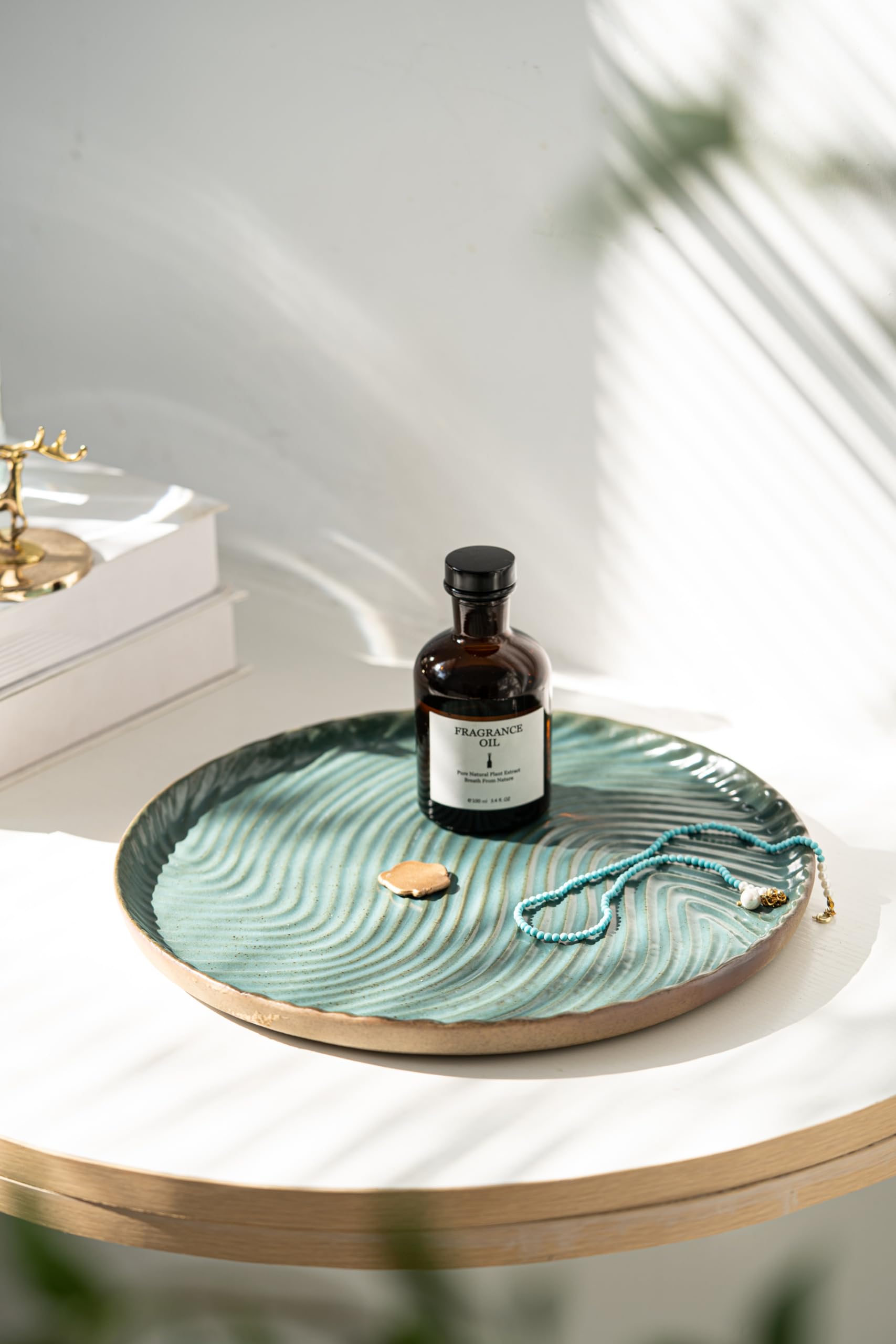Elegant Round Vanity Tray with Brown Trim - 11