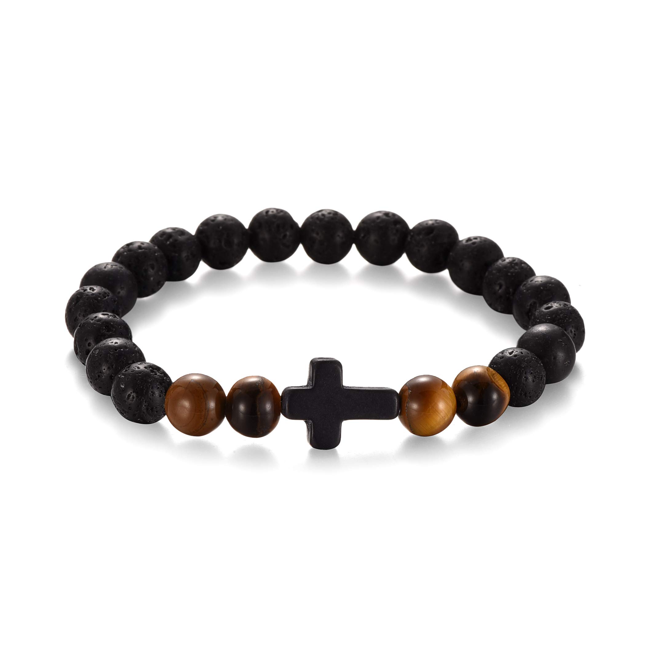 4PCS Cross Beads Stretch Bracelets for Men & Women - 8mm Healing Lava Stone Beaded Bracelet Set (7.5