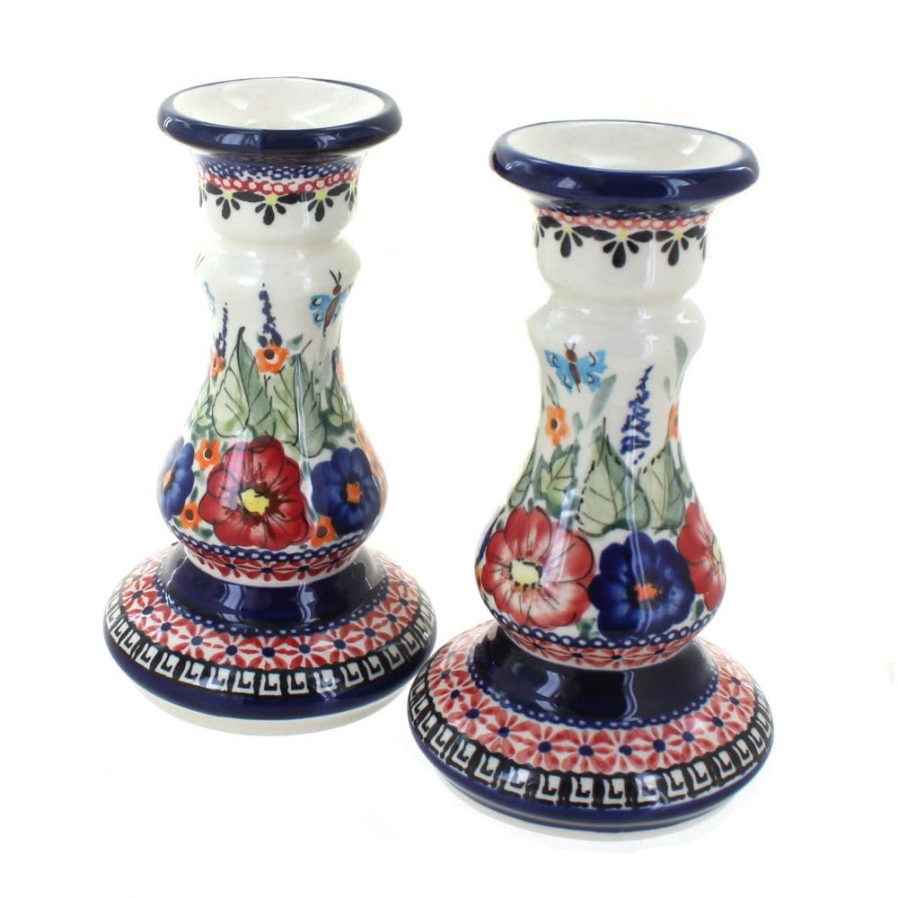 Handmade Blue Rose Polish Pottery Candle Holders - Floral Butterfly Design Pair for Home Decor & Wedding Centerpieces