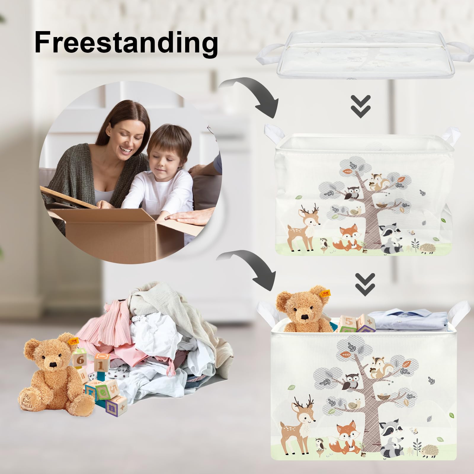 Clastyle 36L Large Collapsible Woodland Animal Nursery Storage Basket - Fox, Deer & Squirrel Design Baby Organizer with Handle for Books, Toys, Clothes & Towels | Perfect for Nursery, Playroom & Kids' Room Decor