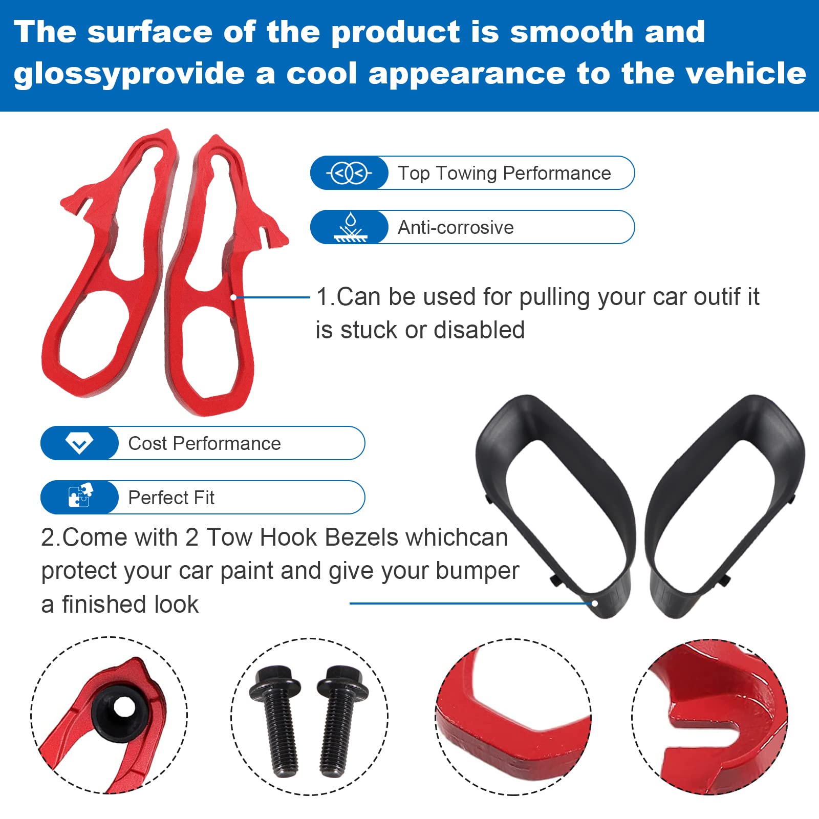 Heavy Duty Front Tow Hooks Pair for 2019-2022 Dodge Ram 1500 3.0L 3.6L 5.7L Engine - Direct Replacement for OEM# 68272945AB & 68272944AB - Off-Road Recovery & Truck Accessories (Red)