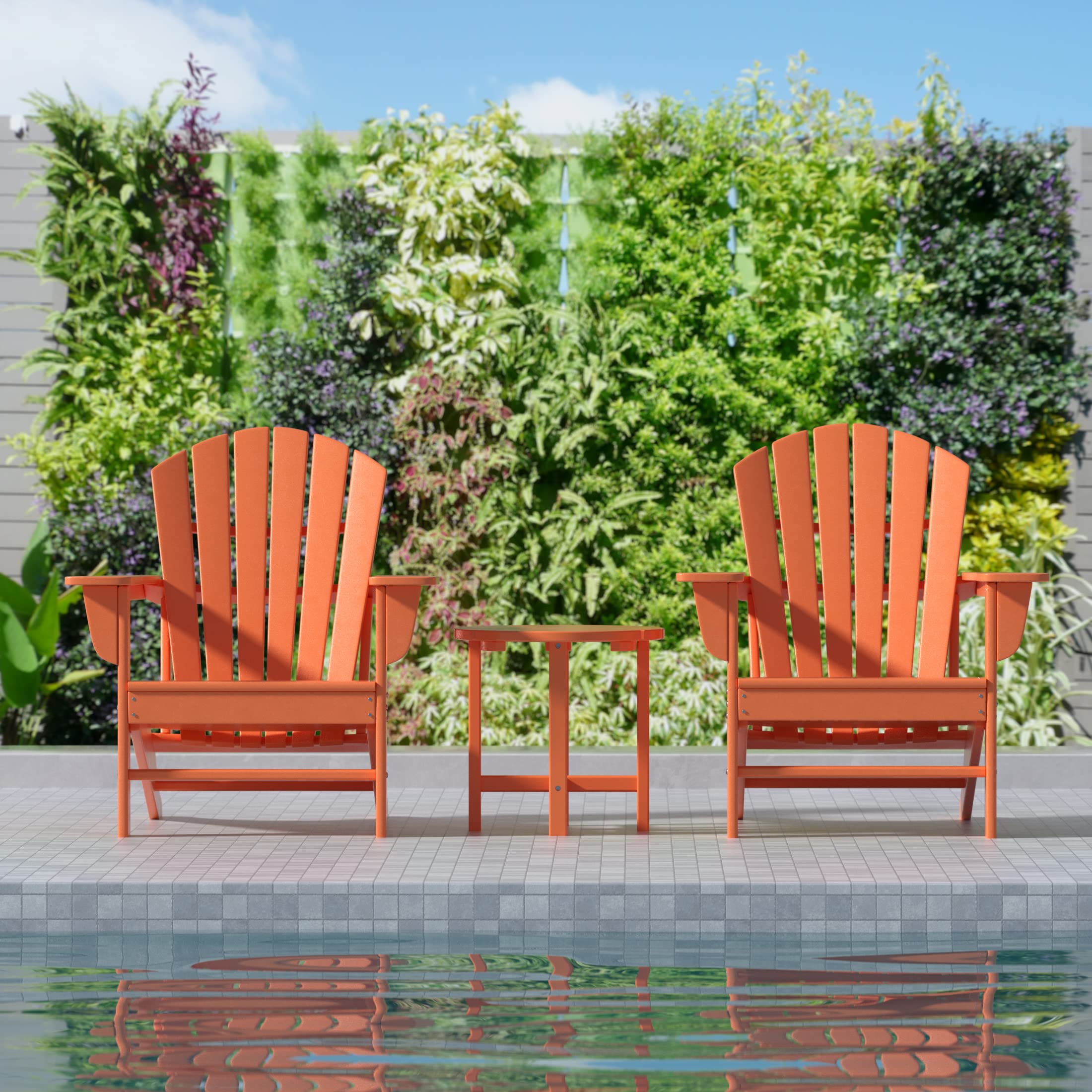 WO Home 2-Piece Outdoor Adirondack Chair Set with Side Table - Durable Poly Lumber Retro Lounger for Beach, Patio, Garden, Backyard - Perfect for Relaxing in Sun, Poolside Lounging & Outdoor Entertaining (Orange)