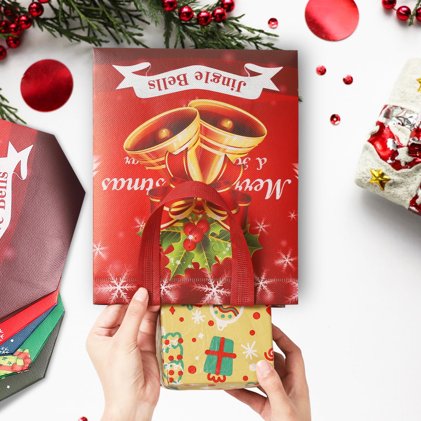 24 Pack Small Christmas Gift Bags - Bulk Holiday Party Favors, Reusable Tote Bags for Kids (10.2x3.9x8.2 inches) - Perfect for Xmas Classrooms, Birthday Parties & Christmas Stocking Stuffers