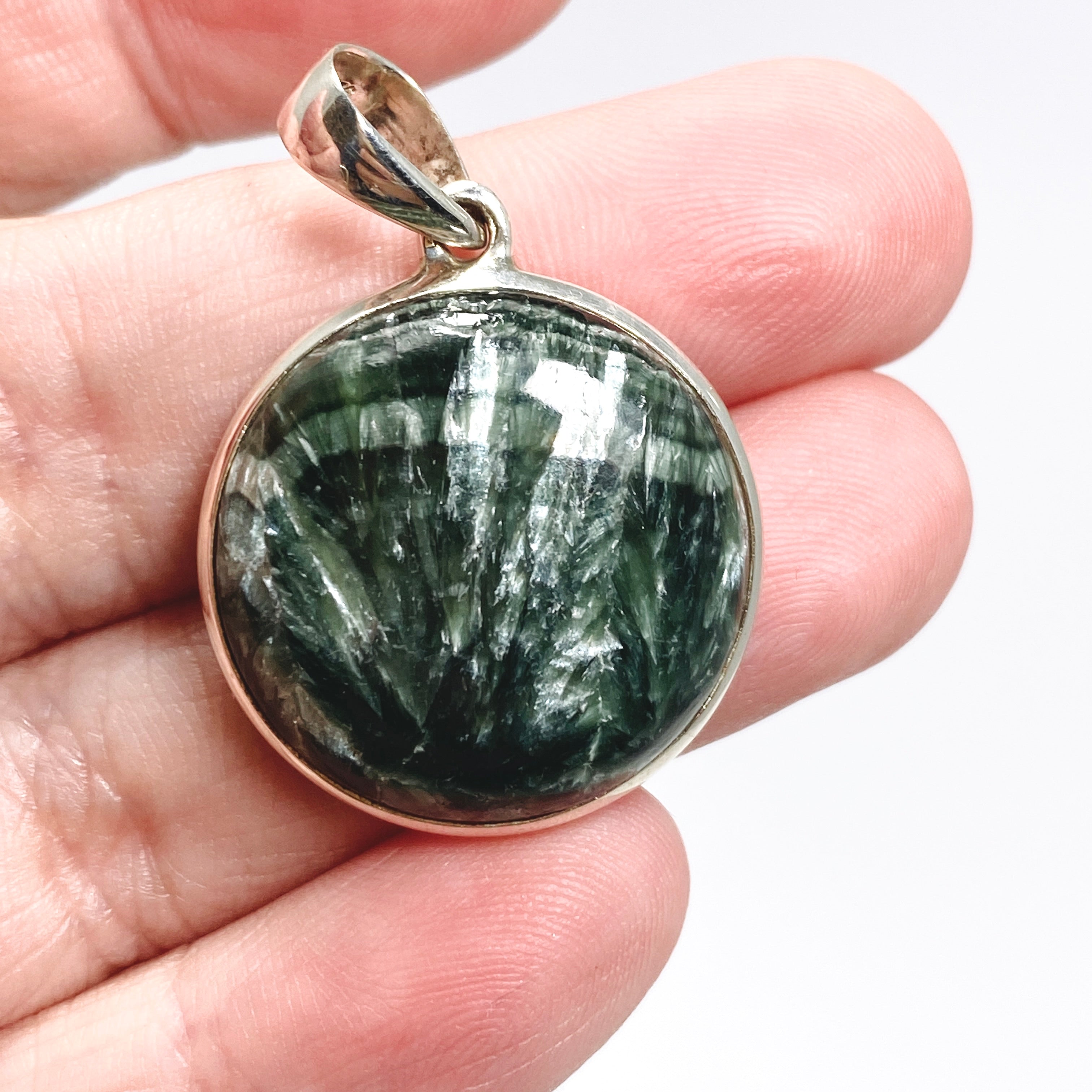 Natural Seraphinite Round Cabochon Pendant Necklace - Handmade Silver Jewelry for Women | Perfect for Meditation, Healing & Spiritual Gifts