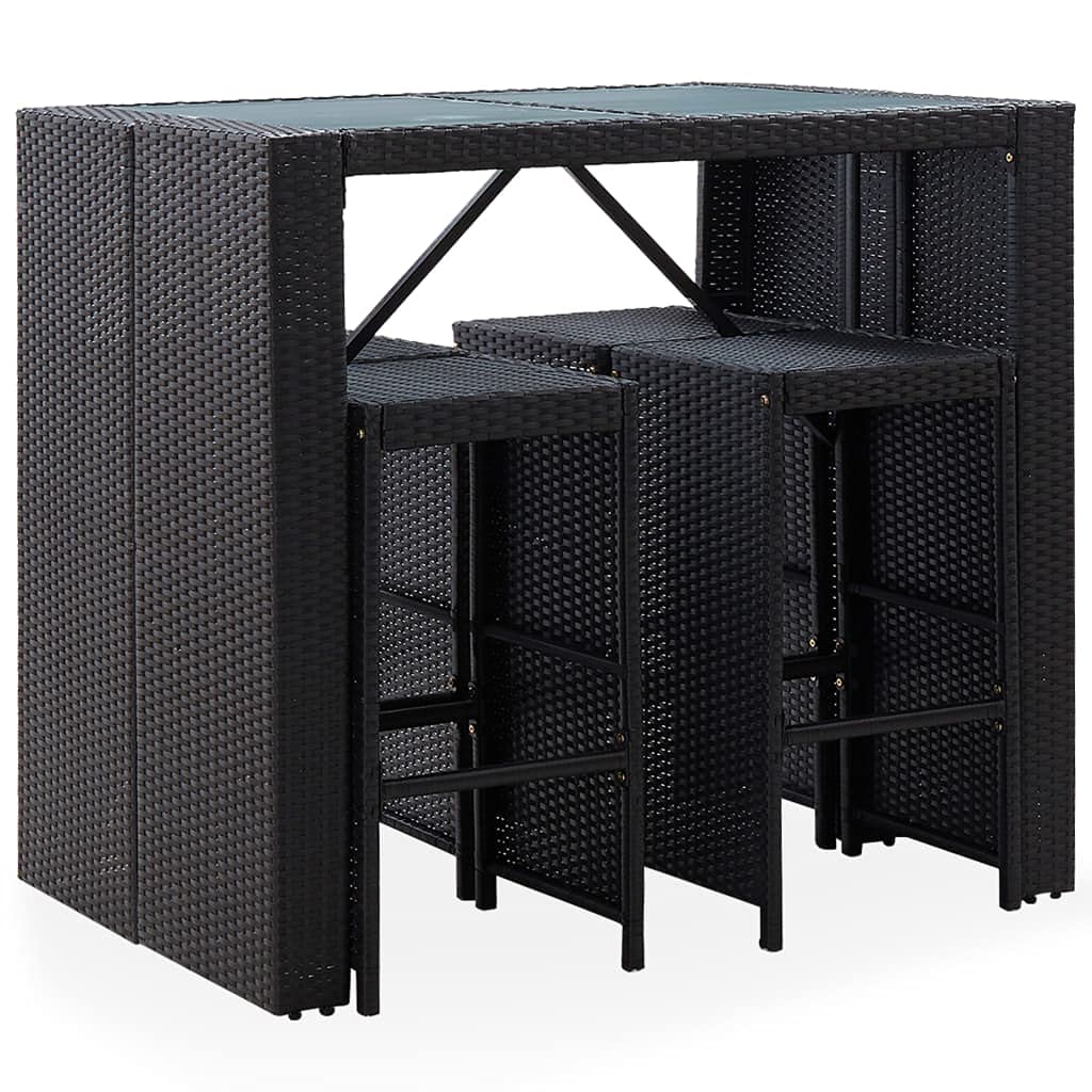 5-Piece Outdoor Bar Set - Black Poly Rattan & Glass Table with Cushions - Patio, Garden, Poolside Furniture for Backyard, Courtyard & Outdoor Entertaining