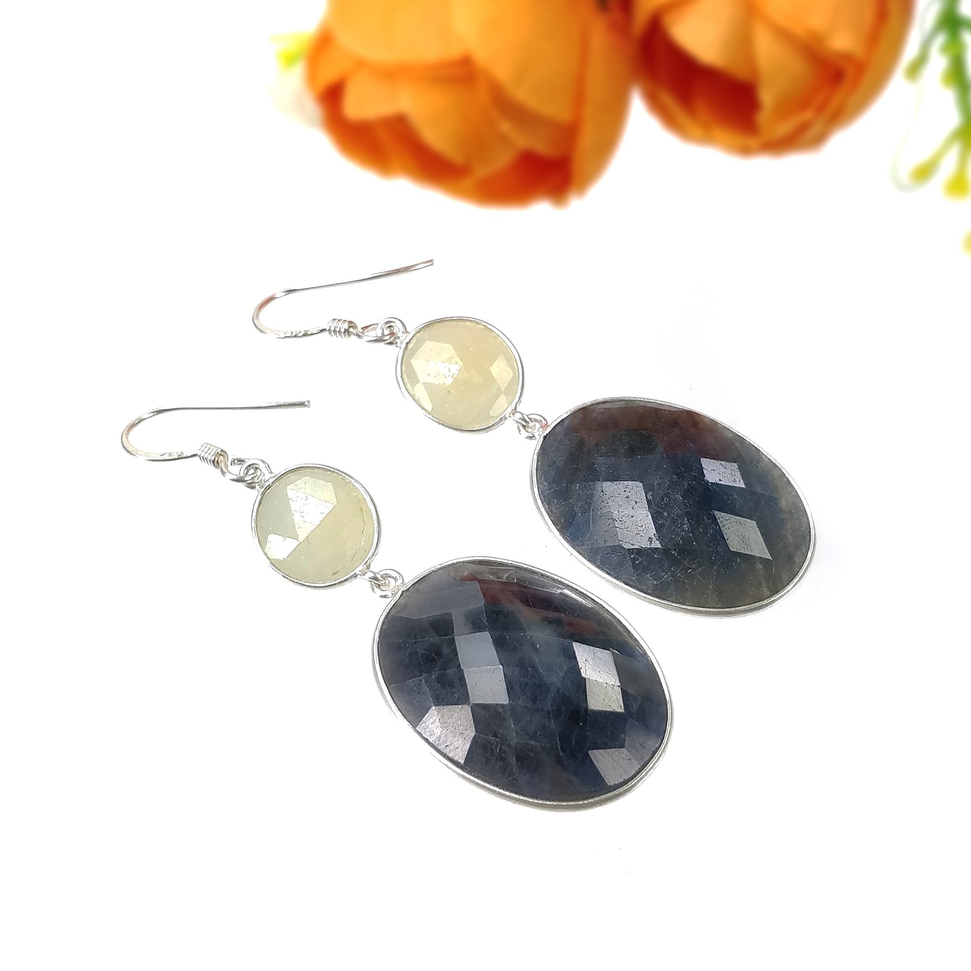 Natural Blue Yellow Sapphire Gemstone Earrings – 12.46gms 925 Sterling Silver Drop Dangle Bezel Set Jewelry for Women | Perfect for Weddings, Parties & Special Occasions