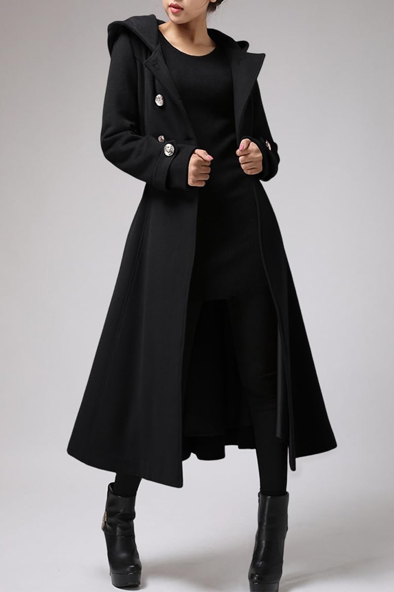Cicy Bell Women's Long Double-Breasted Hooded Winter Wool Trench Coat with Belt - Warm Outerwear for Cold Weather, Office & Casual Wear