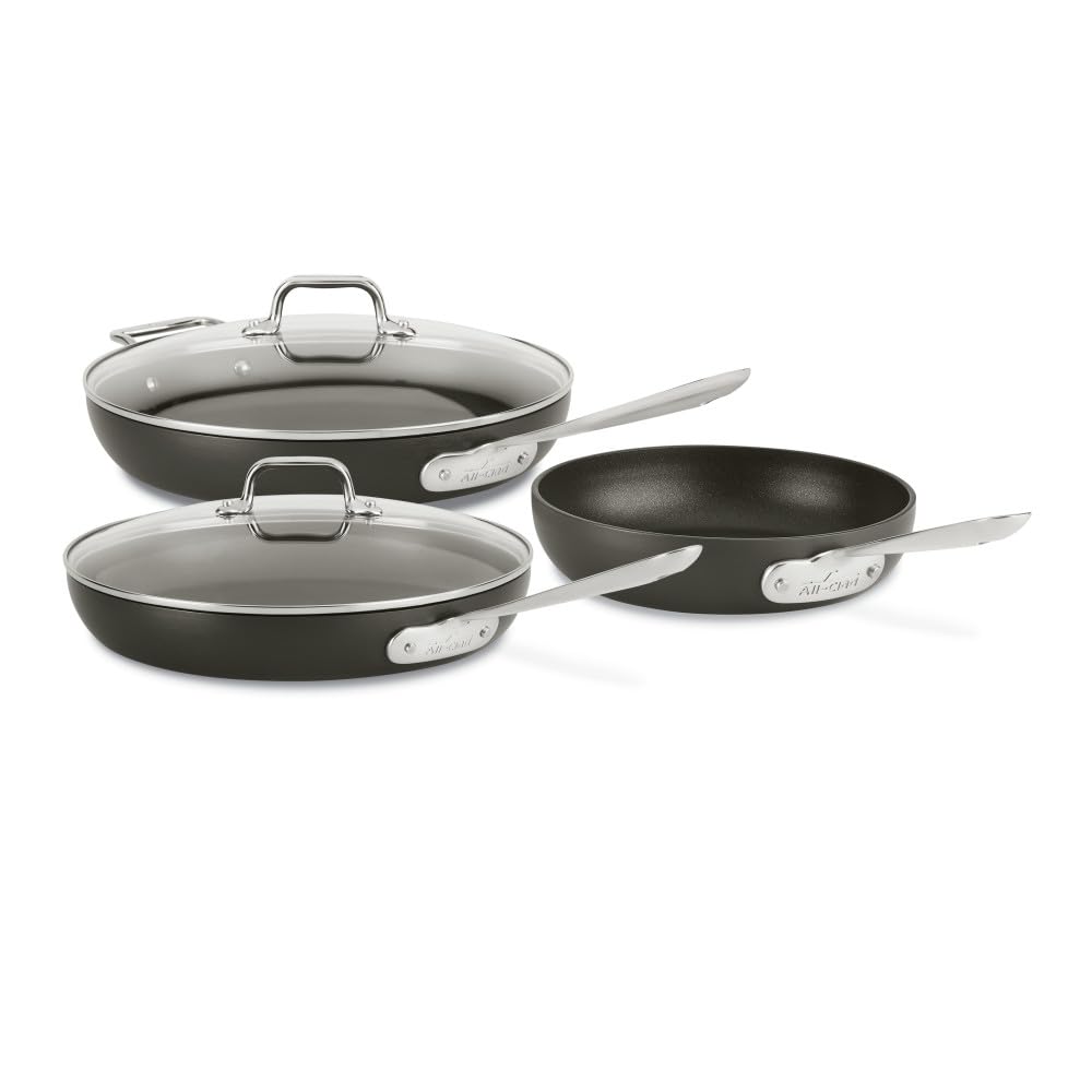 All-Clad HA1 Hard Anodized Nonstick Fry Pan Set - 3 Piece (8, 10 & 12 Inch) with Lids - Induction Compatible, Oven & Broiler Safe to 500°F - Black Nonstick Cookware for Sautéing, Frying & Baking - Perfect for Home Chefs & Professional Kitchens