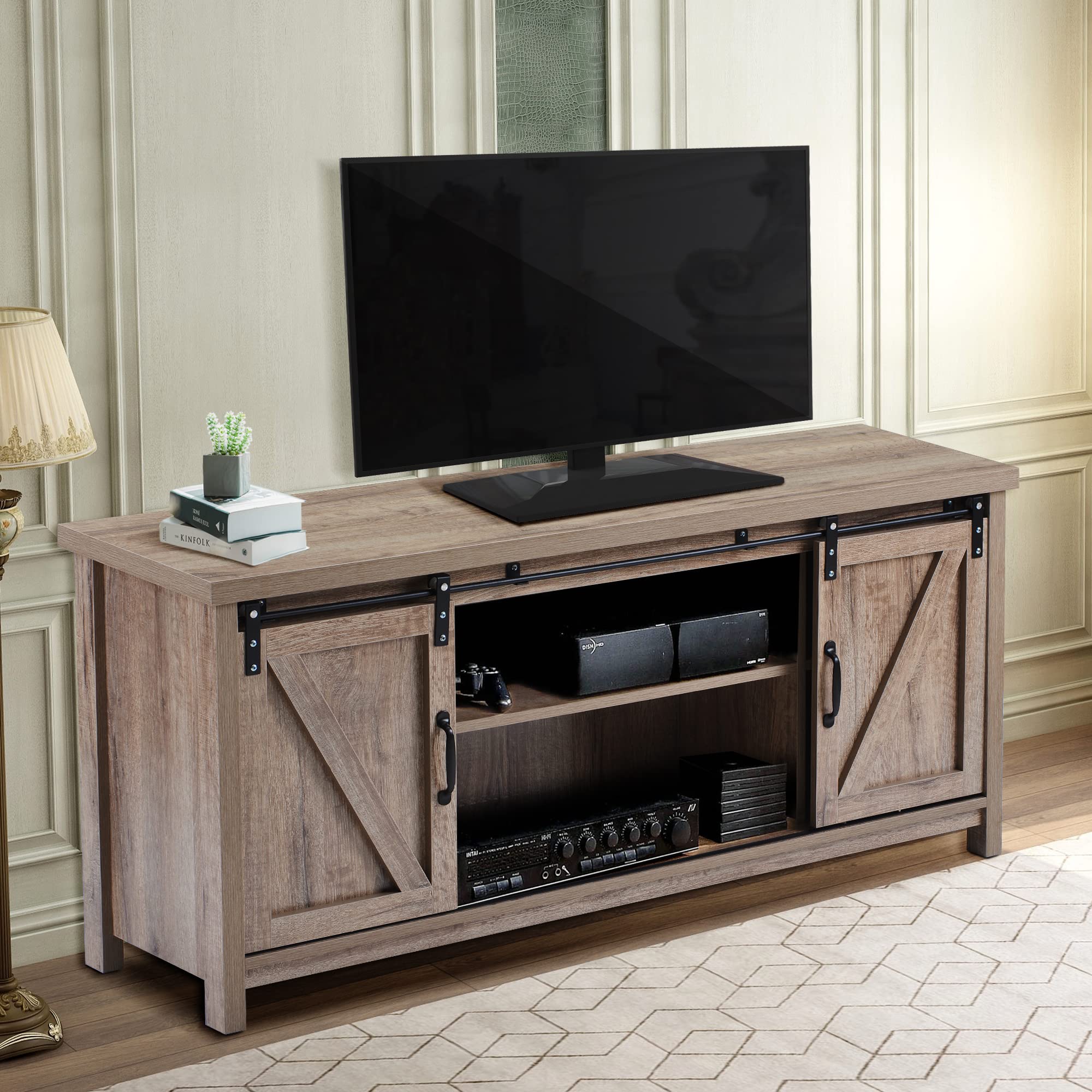 Farmhouse Wood TV Stand with Double Sliding Barn Doors & Open Shelves - Rustic Entertainment Center & Storage Cabinet for Living Room, Bedroom, Kitchen | Perfect for Home Theater Setup & Cozy Living Spaces (Oak Finish)