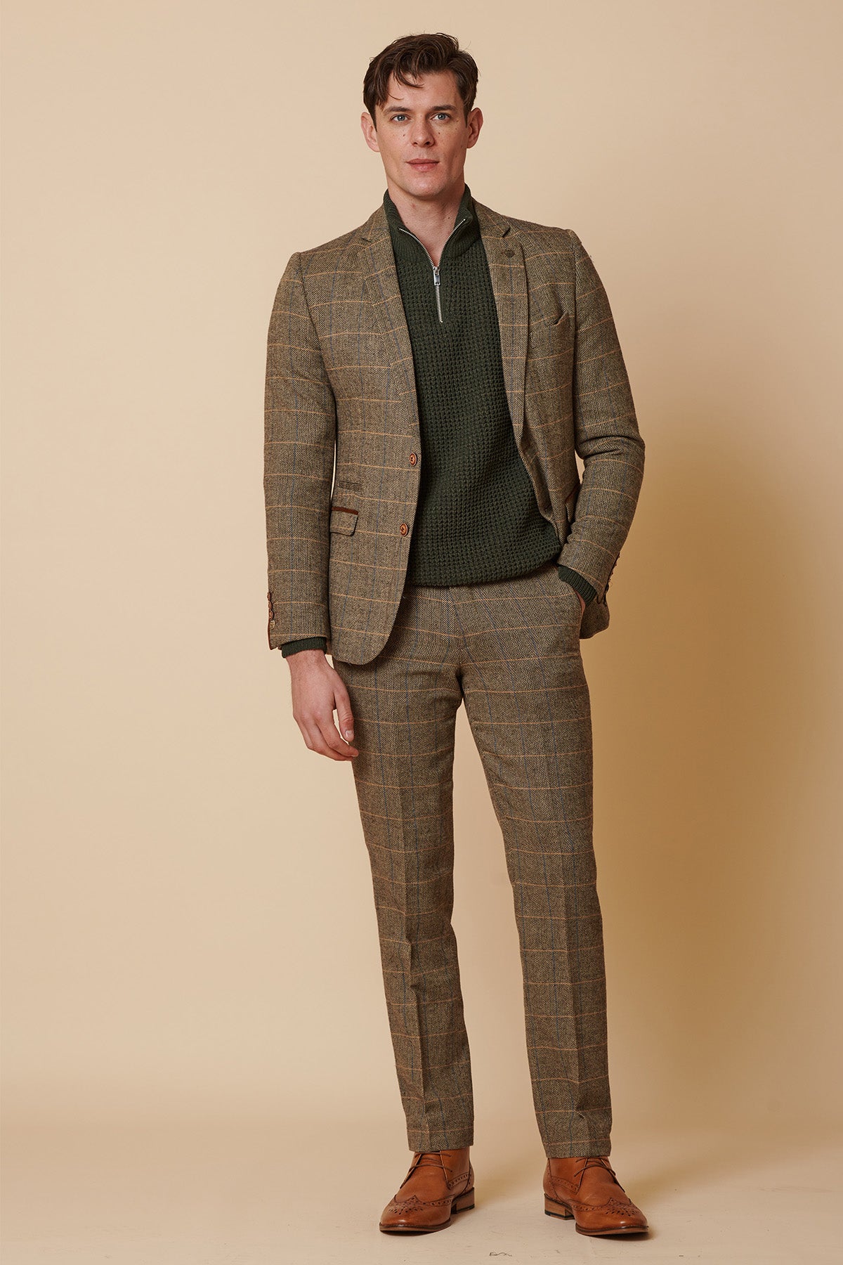 Stylish TED Tan Tweed Check Two Piece Suit for Men - Perfect for Business Meetings, Weddings & Formal Events