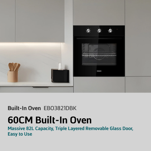 EuropAce EBO3821DBK 60cm 82L Built-In Electric Oven with Mechanical Knob Control - Perfect for Modern Kitchens, Baking, and Family Cooking