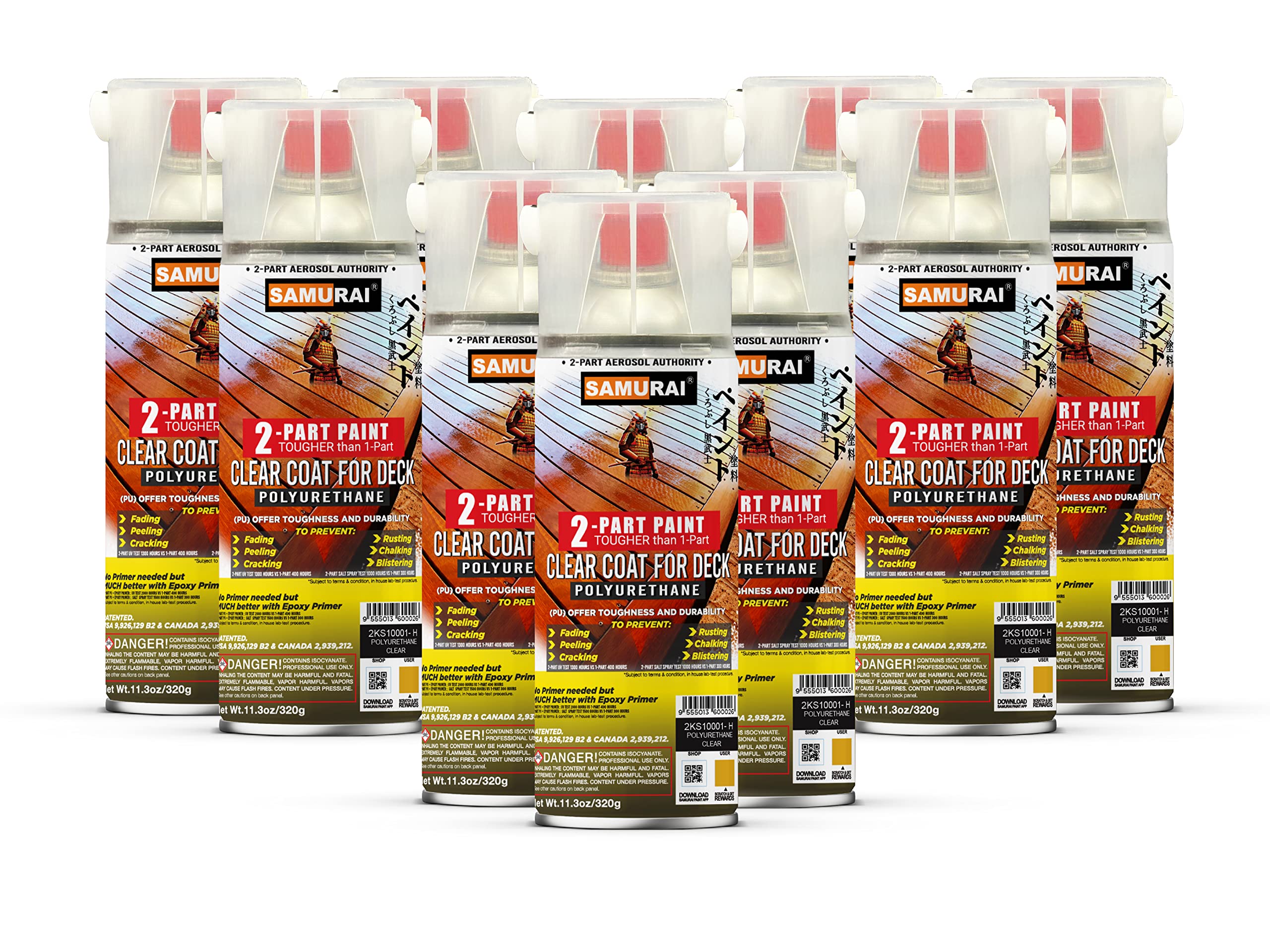 Samurai 2-Part Polyurethane Deck Clear Coat Spray Paint - High Gloss Protective Finish (Clear, 10 Cans) for Wooden Decks, Patio Furniture & Outdoor Surfaces
