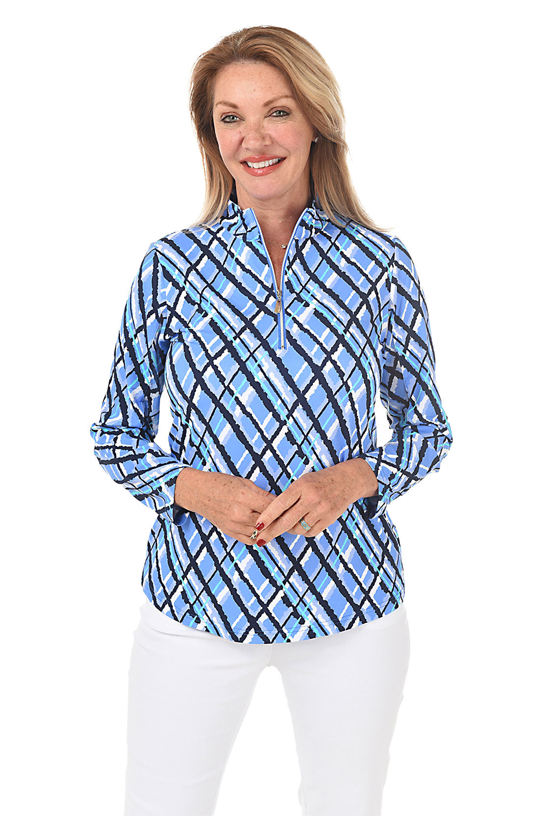 Argyle Plaid Cooling UPF50+ Mock Neck Top for Women - Sun Protection & Breathable Summer Shirt for Outdoor Activities, Hiking, and Beach Wear