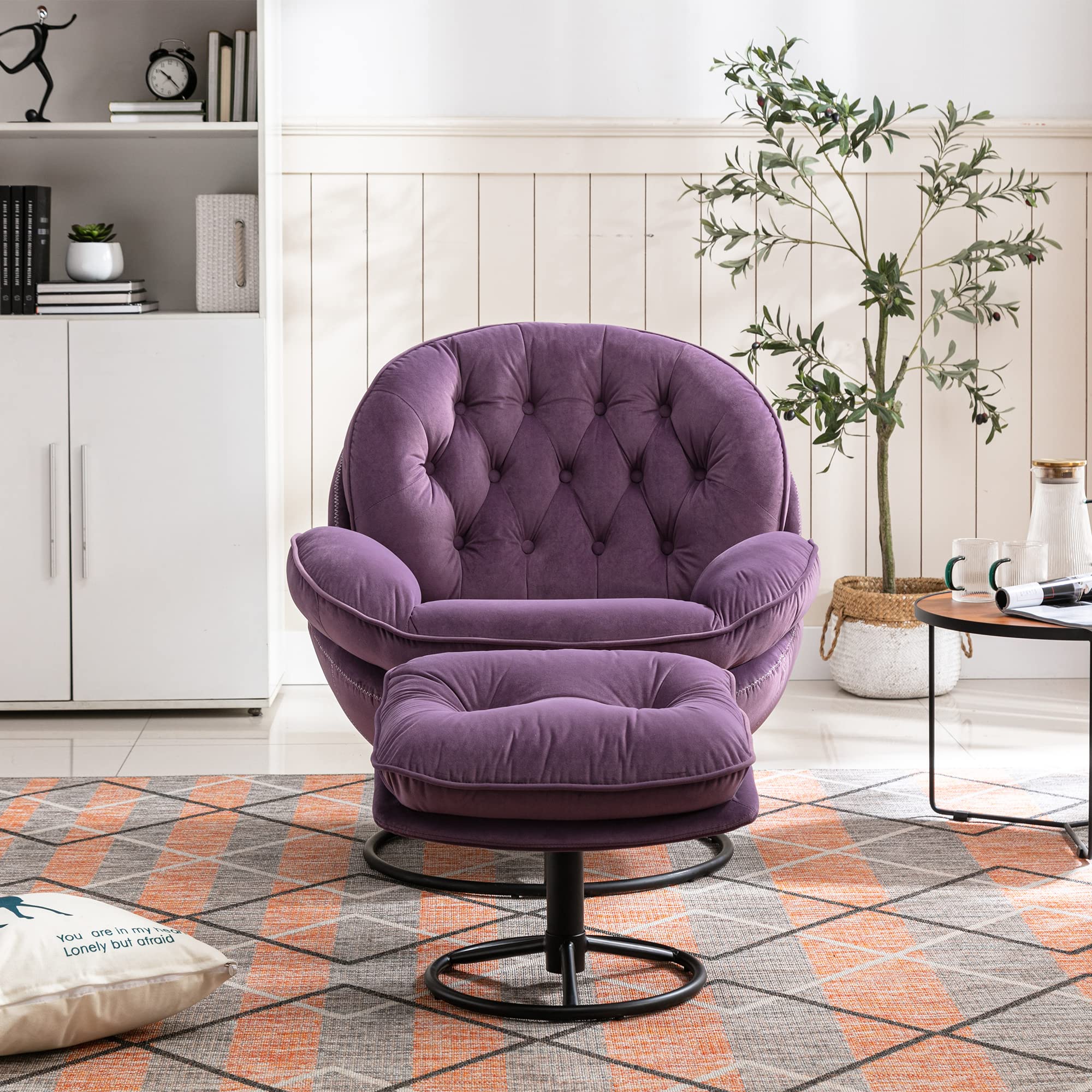 Polibi Swivel Accent Armchair with Ottoman - Modern Velvet Upholstered Lounge Chair with Sturdy Metal Frame for Living Room, Bedroom & Office - Purple Comfort Chair for Reading, TV Watching & Relaxing