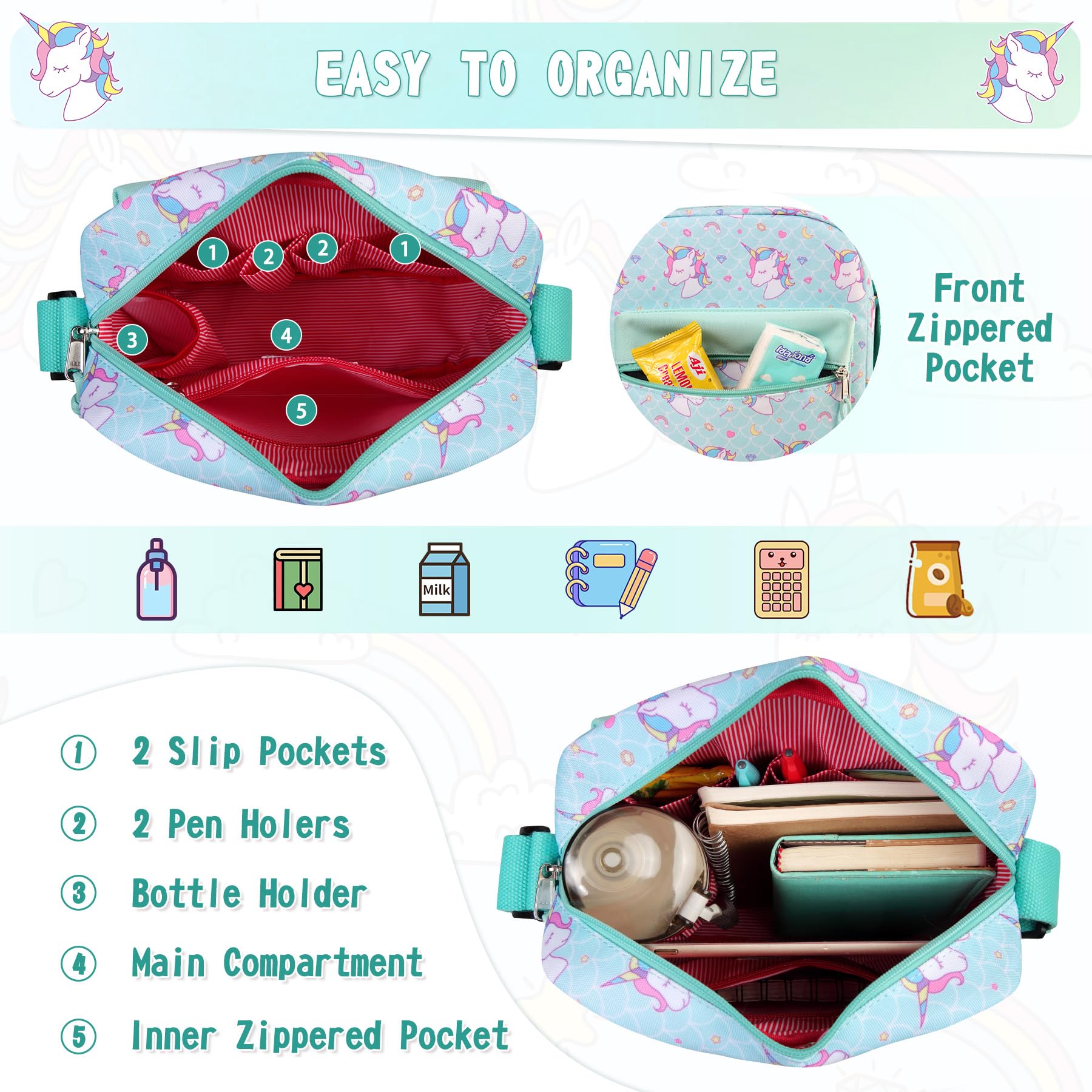 **ChaseChic Unicorn Crossbody Bag for Girls - Cute Waterproof Shoulder Purse with Bottle Holder, Book & Snack Pocket - Perfect for School, Travel & Everyday Use**