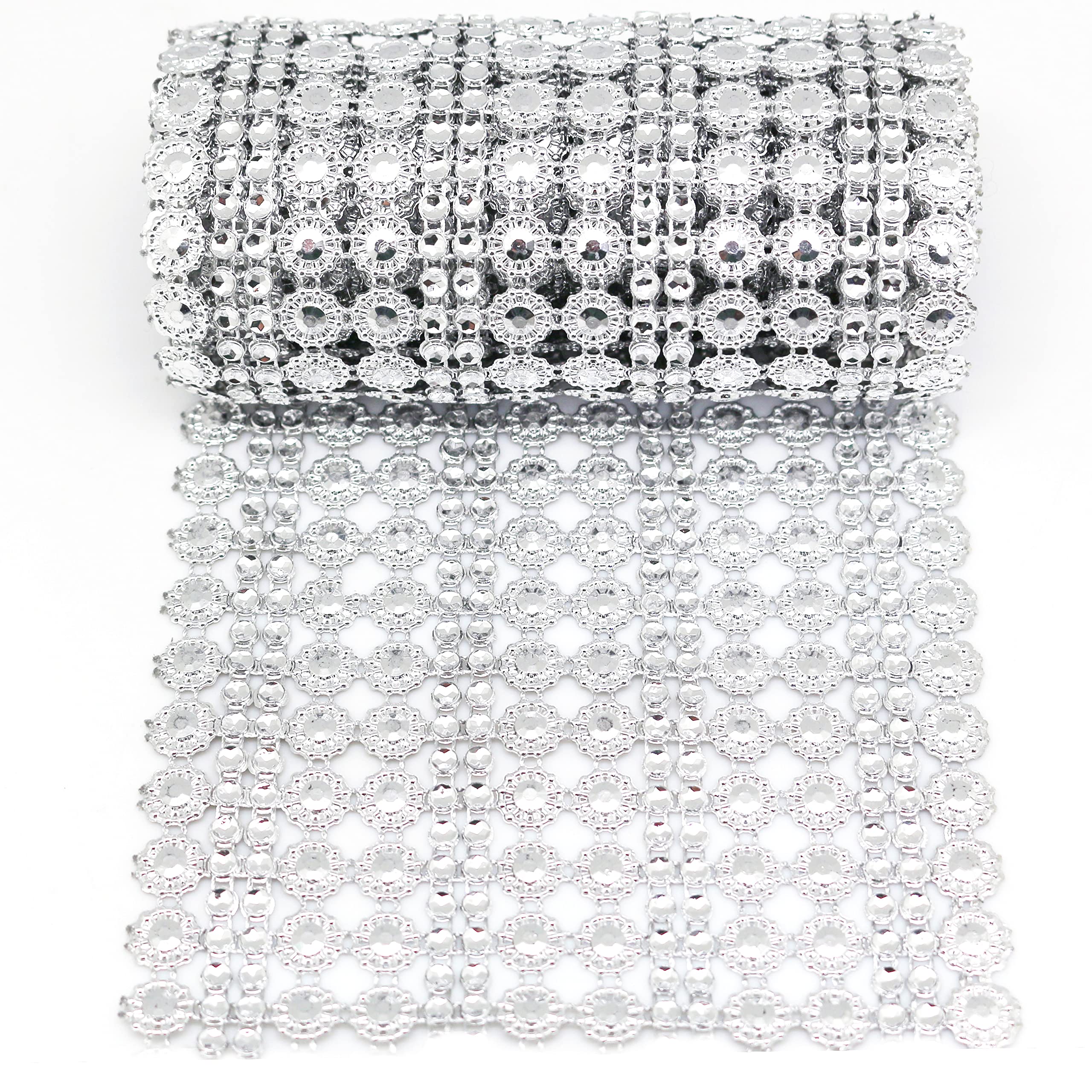 4.5 Inch x 2 Yards Sparkling Faux Crystal Rhinestone Mesh Ribbon - Flower Shaped Diamond Mesh Wrap Roll for Wedding Decorations, Birthday Parties, Baby Showers, Cake Decor & DIY Crafts | Perfect for Table Centerpieces, Gift Wrapping, and Costume Accessories