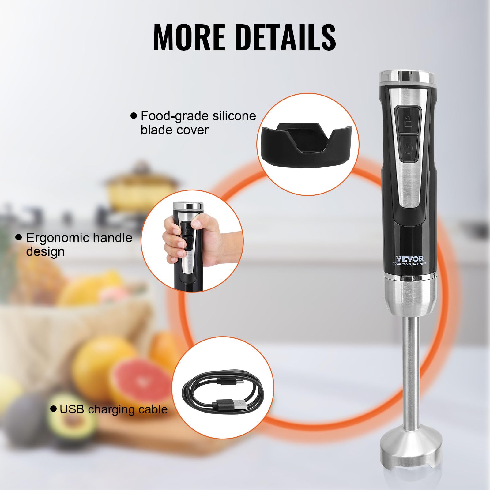 VEVOR 8-Speed Immersion Hand Blender with Stainless Steel Blade & Copper Motor - USB Rechargeable Stick Mixer with Ergonomic Grip - Perfect for Smoothies, Soups, Baby Food & Baking at Home