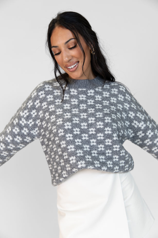 Stylish Grey Floral Print Sweater for Women - Cozy Knit Pullover for Fall & Winter - Perfect for Casual Outings, Office Wear & Date Nights