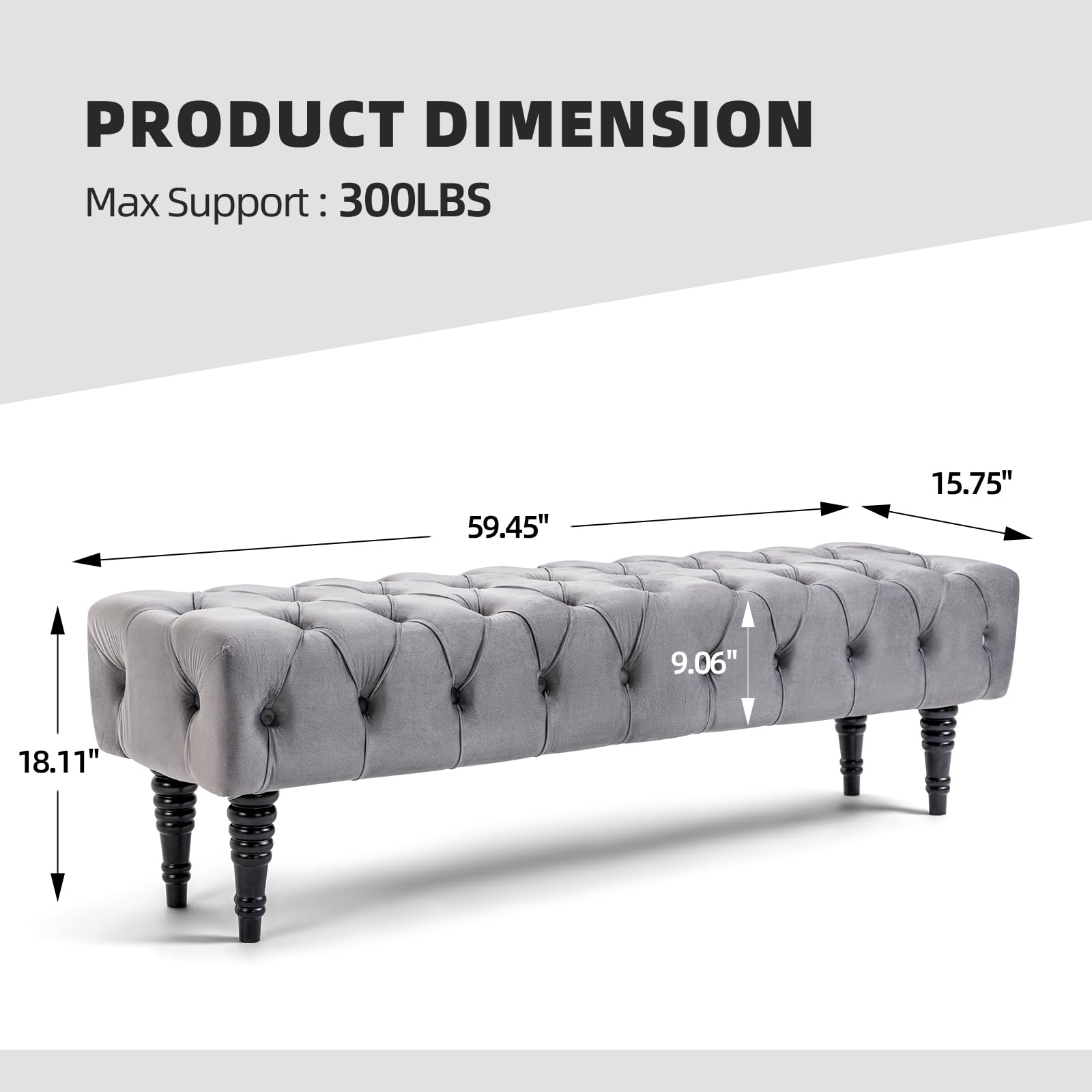 ECOTOUGE Rectangular Accent Bench - Upholstered Tufted Ottoman with Corduroy Fabric, Grey Storage Bench for Entryway, Living Room, Bedroom & Dining Room - Perfect for Seating, Decor & Extra Storage Space