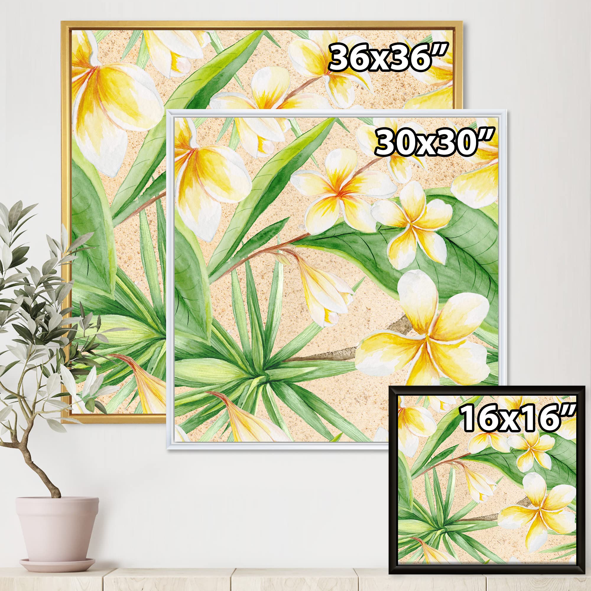 DesignQ Tropical Foliage & Yellow Flowers XI - Framed Canvas Wall Art Print - Perfect for Living Room, Bedroom & Office Decor